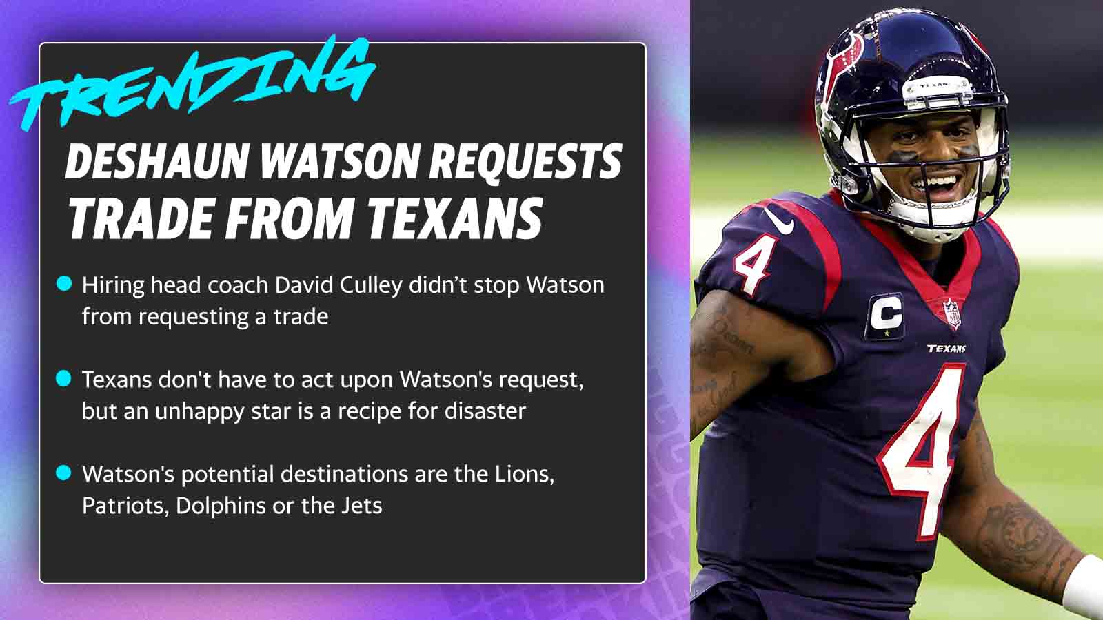 Texans Hire New Coach; Watson Asks to be Traded