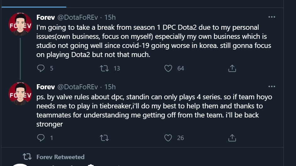 South Korean Dota Pro Forev Announces Break From Competitive Play