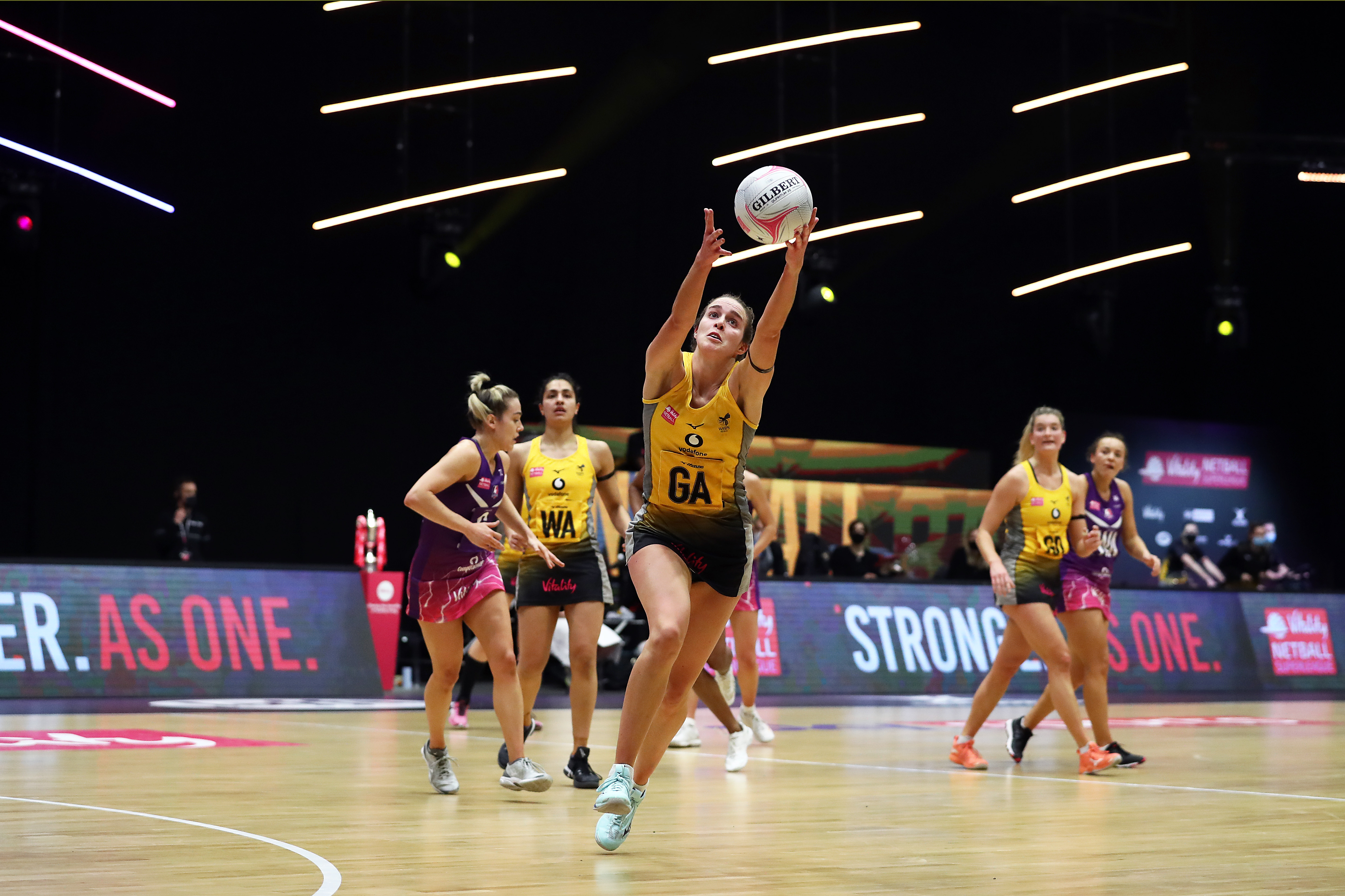 <p>WAKEFIELD, ENGLAND - FEBRUARY 15: Katie Harris of Wasps Netball jumps for the ball during the match between Loughborough Lightning and Wasps Netball on day four of the Vitality Netball Superleague Season Opener at Studio 001 on February 15, 2021 in Wakefield, England. (Photo by Jan Kruger/Getty Images for Vitality Netball Superleague)</p>
