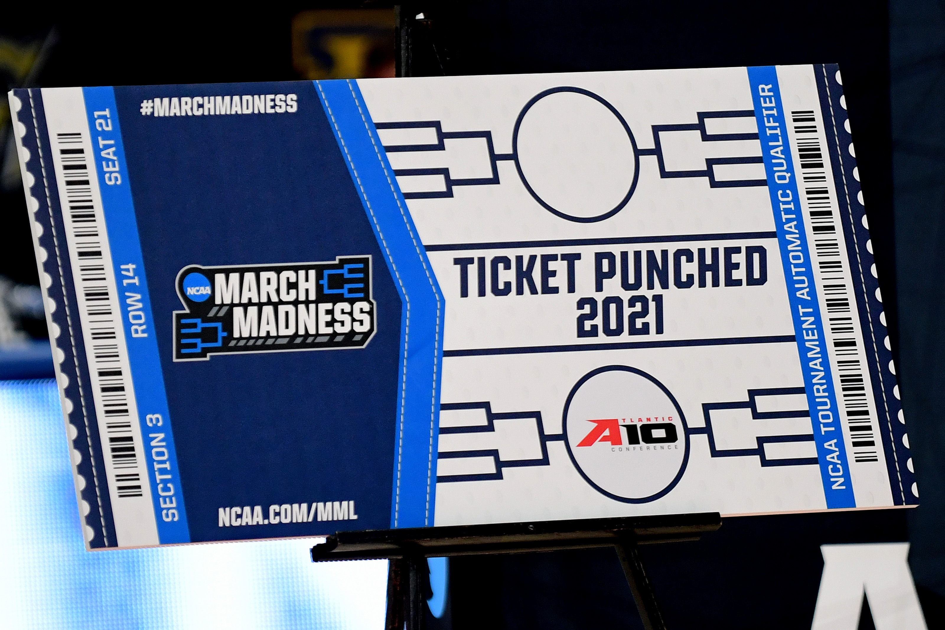 DAYTON, OHIO - MARCH 14: The NCAA March Madness ticket awarded to the St. Bonaventure Bonnies following their 74-65 win over the Virginia Commonwealth Rams in the championship game of the Atlantic 10 Men's Basketball Tournament at UD Arena on March 14, 2021 in Dayton, Ohio. (Photo by Emilee Chinn/Getty Images)