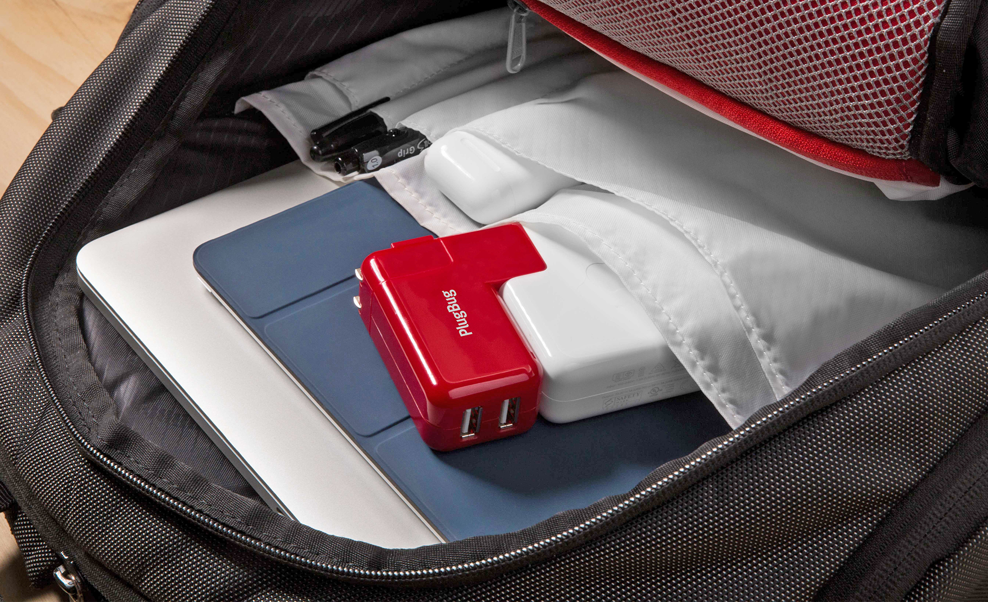 A Twelve South PlugBug Duo packed inside of a backpack.