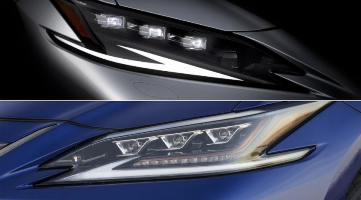 Lexus 將於上海車展首發小改款 ES 車系，並釋出預告圖。上圖為小改款預告，下圖為現行版頭燈。