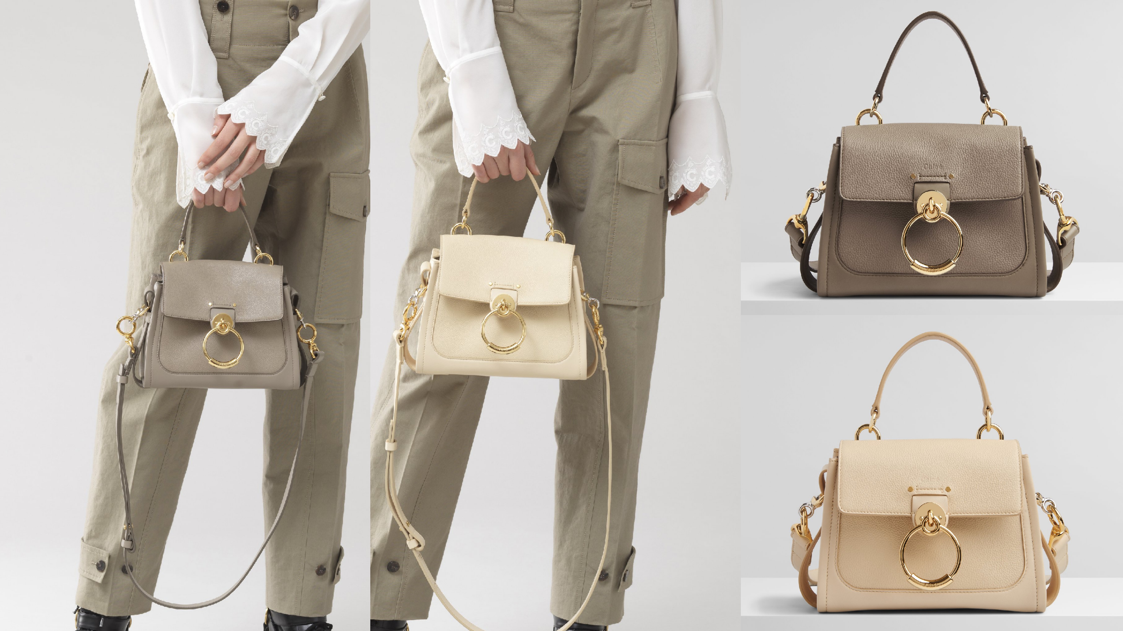 Tess Day Bag以垂墜式「O」形金屬配件與環繞包身的皮革束帶作為設計亮點