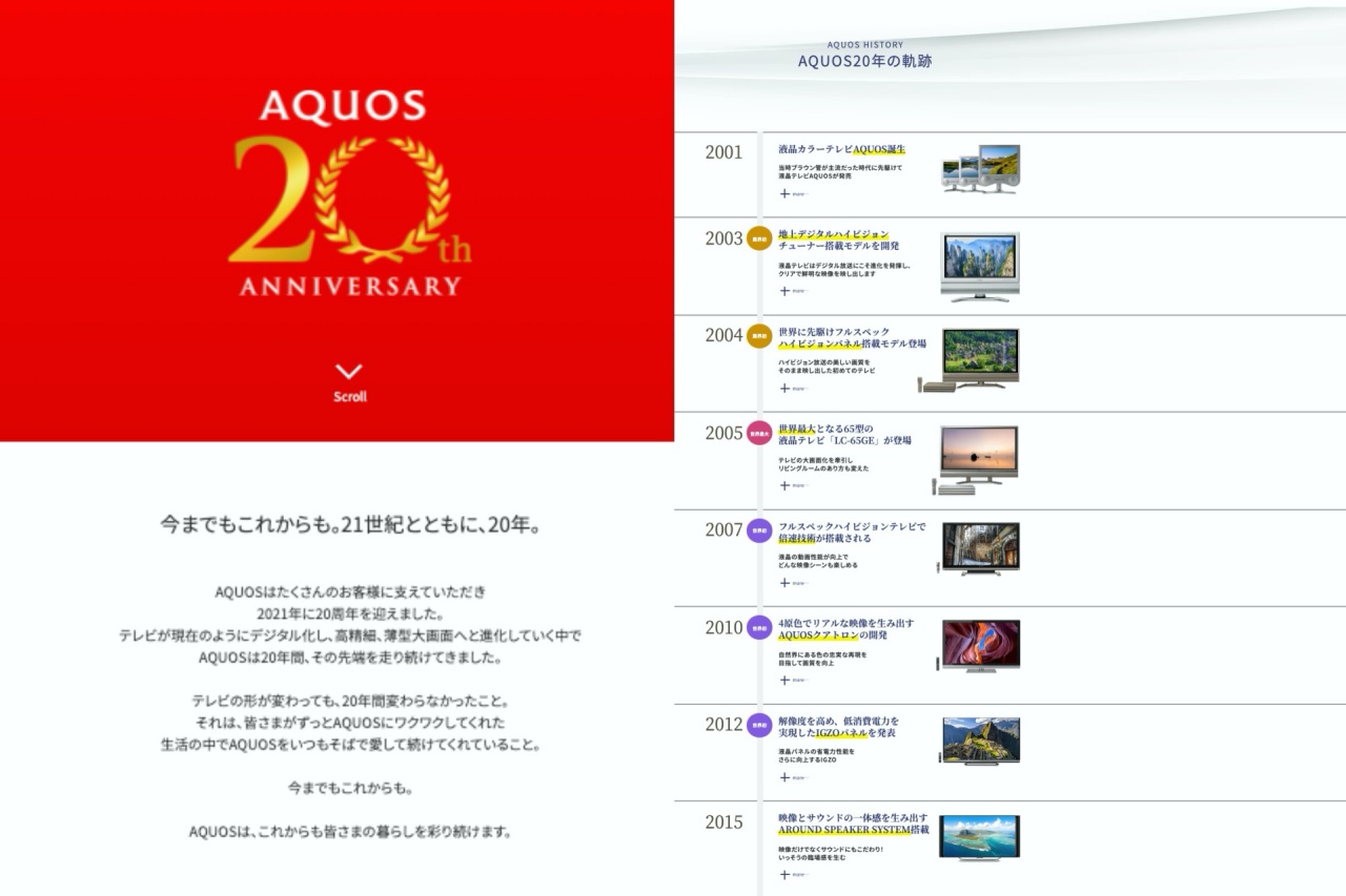 シャープ、テレビAQUOSの20周年記念サイトを開設