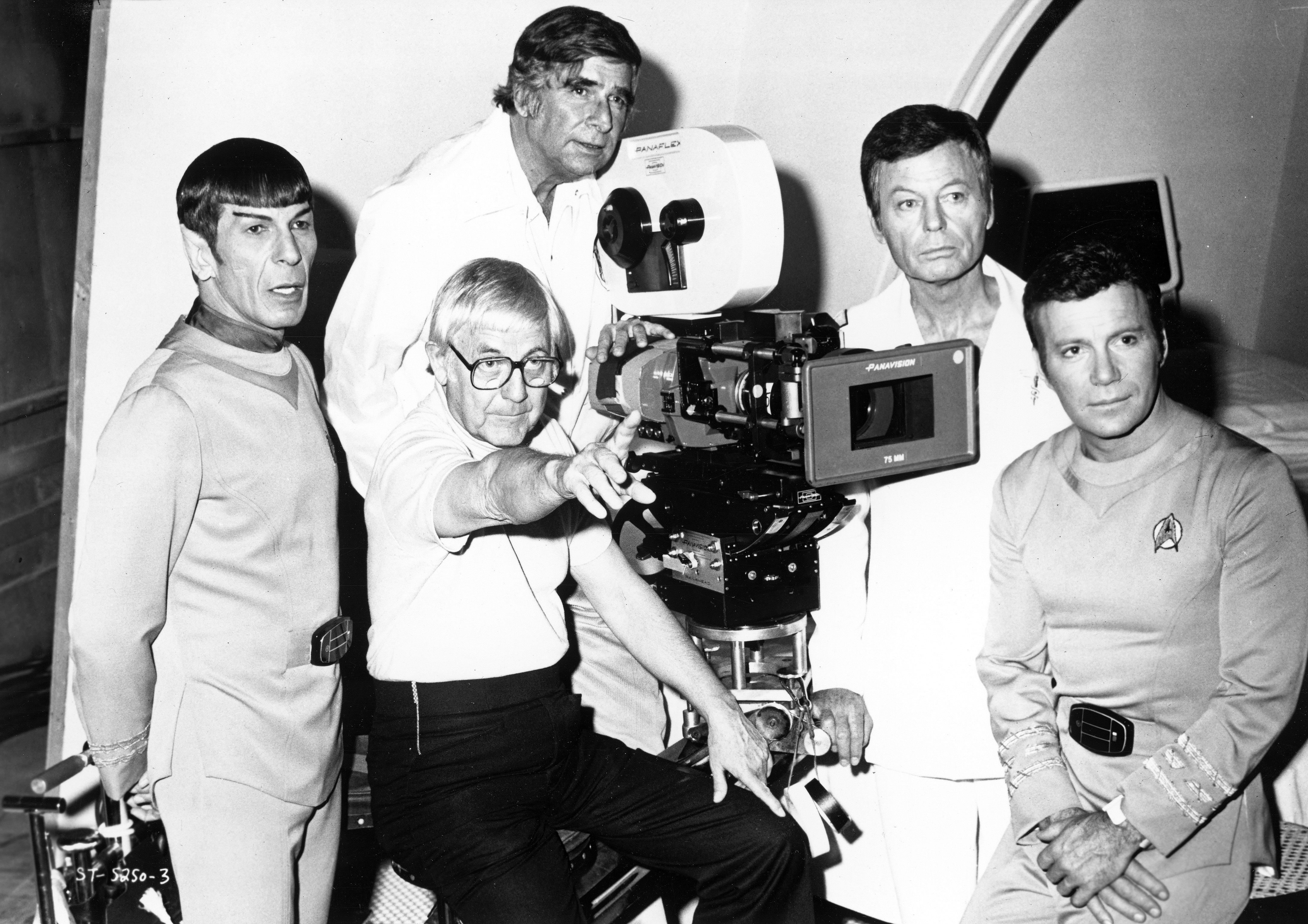 DECEMBER 7: Actors Leonard Nimoy, DeForest Kelley and William Shatner pose for a portrait with writer Gene Roddenberry and director Robert Wise during the filming of the movie 