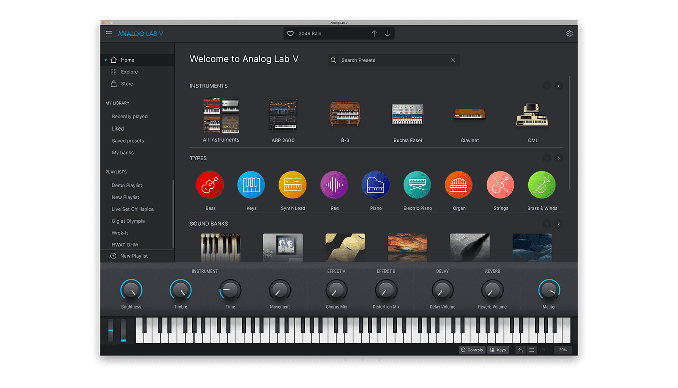 A screenshot of Arturia's Analog Lab V, with a navigation column on the left, three rows in the middle for Instruments, Types and Sound Banks. At the bottom is a keyboard with nine dials on top of it for controlling brightness, timbre, time, movement, effects, delay, reverb and master.