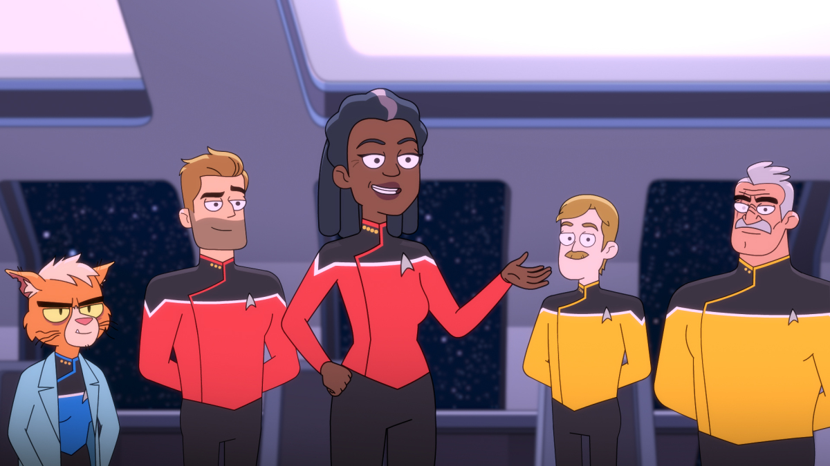 Pictured Gillian Vigman as Dr. T'ana, Jerry O'Connell as Commander Ransom, Dawnn Lewis as Captain Freeman, Paul Scheer as Lt. Commander Andy Billups and Fred Tatasciore as Lieutenant Shaxs of the CBS All Access series STAR TREK: LOWER DECKS. Photo Cr: Best Possible Screen Grab CBS 2020 CBS Interactive, Inc. All Rights Reserved.