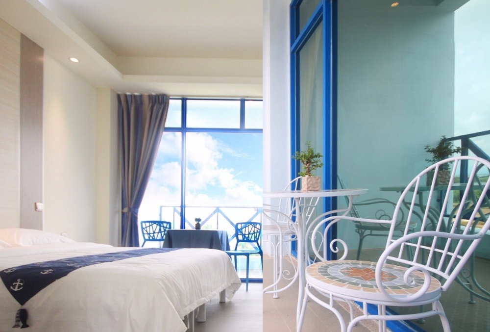 延伸至房內的藍白海洋色調，讓旅人放鬆度假。
