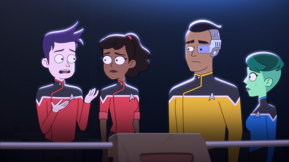 Pictured (L-R): Jack Quaid as Ensign Brad Boimler, Tawny Newsome as Ensign Beckett Mariner, Eugene Cordero as Ensign Rutherford and NoÃ«l Wells as Ensign Tendi of the CBS All Access series STAR TREK: LOWER DECKS. Photo Cr: Best Possible Screen Grab CBS 2020 CBS Interactive, Inc. All Rights Reserved.