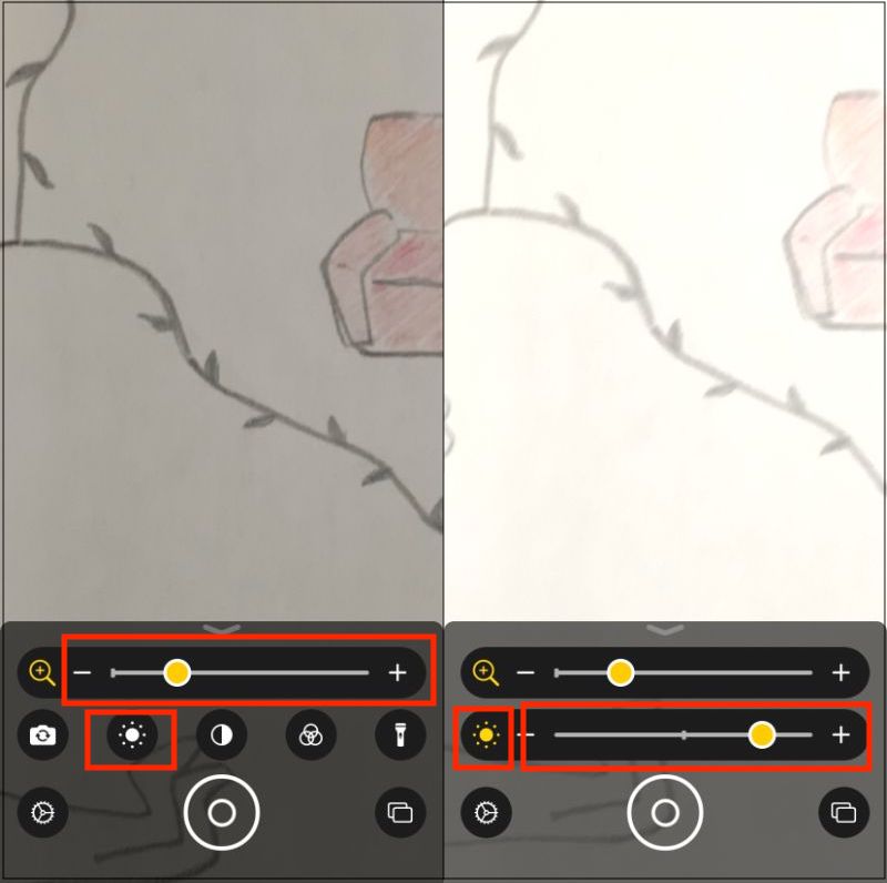 ▲丸い部分を長押ししながら左右に動かすと、拡大倍率を変更できる。明るさのアイコンをタップ（左）。拡大倍率と同じように、明るさを変更可能。明るさのアイコンを再度タップすると、元の画面に戻る（右）