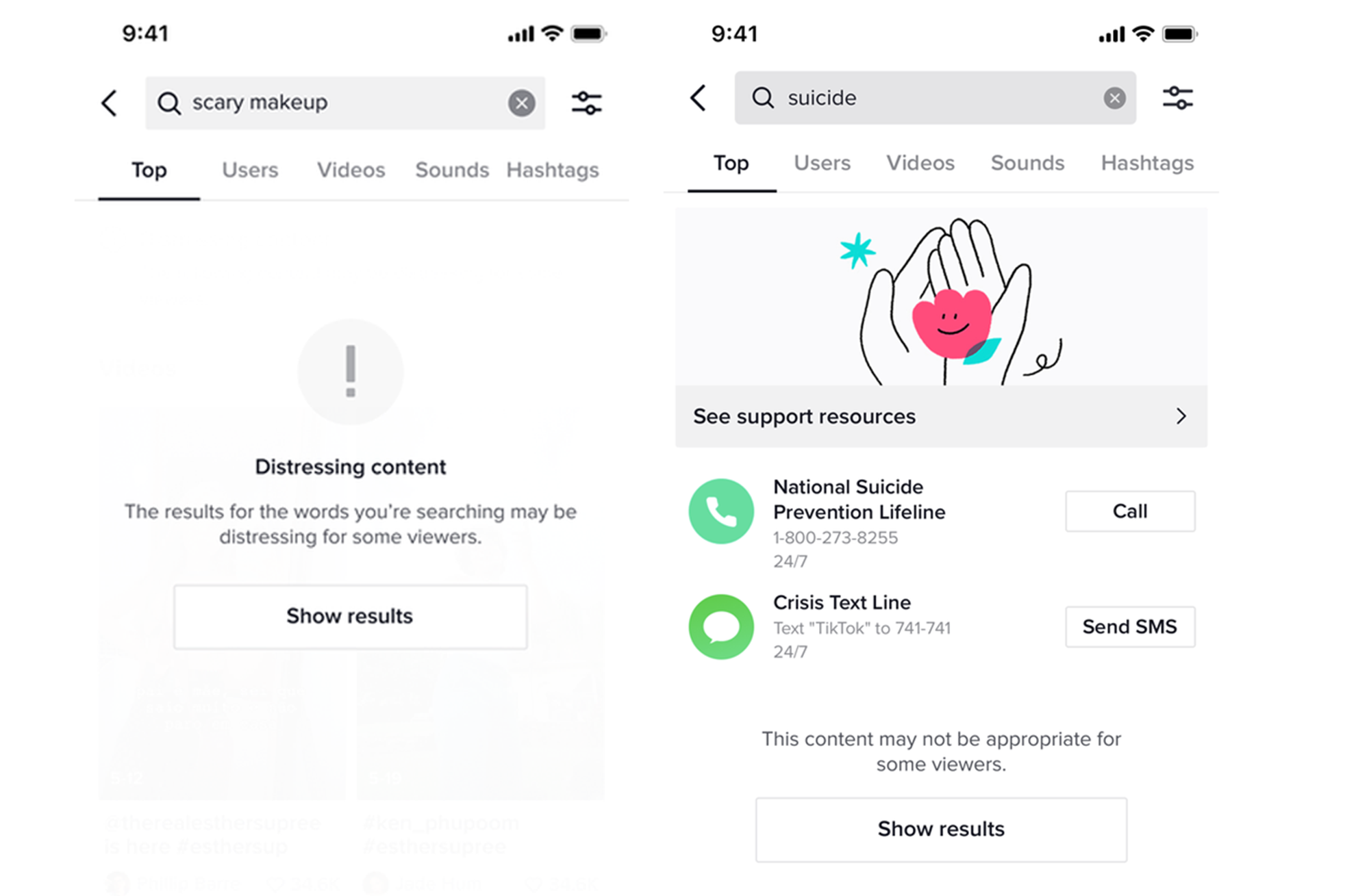 TikTok's warnings for distressing content and self harm.