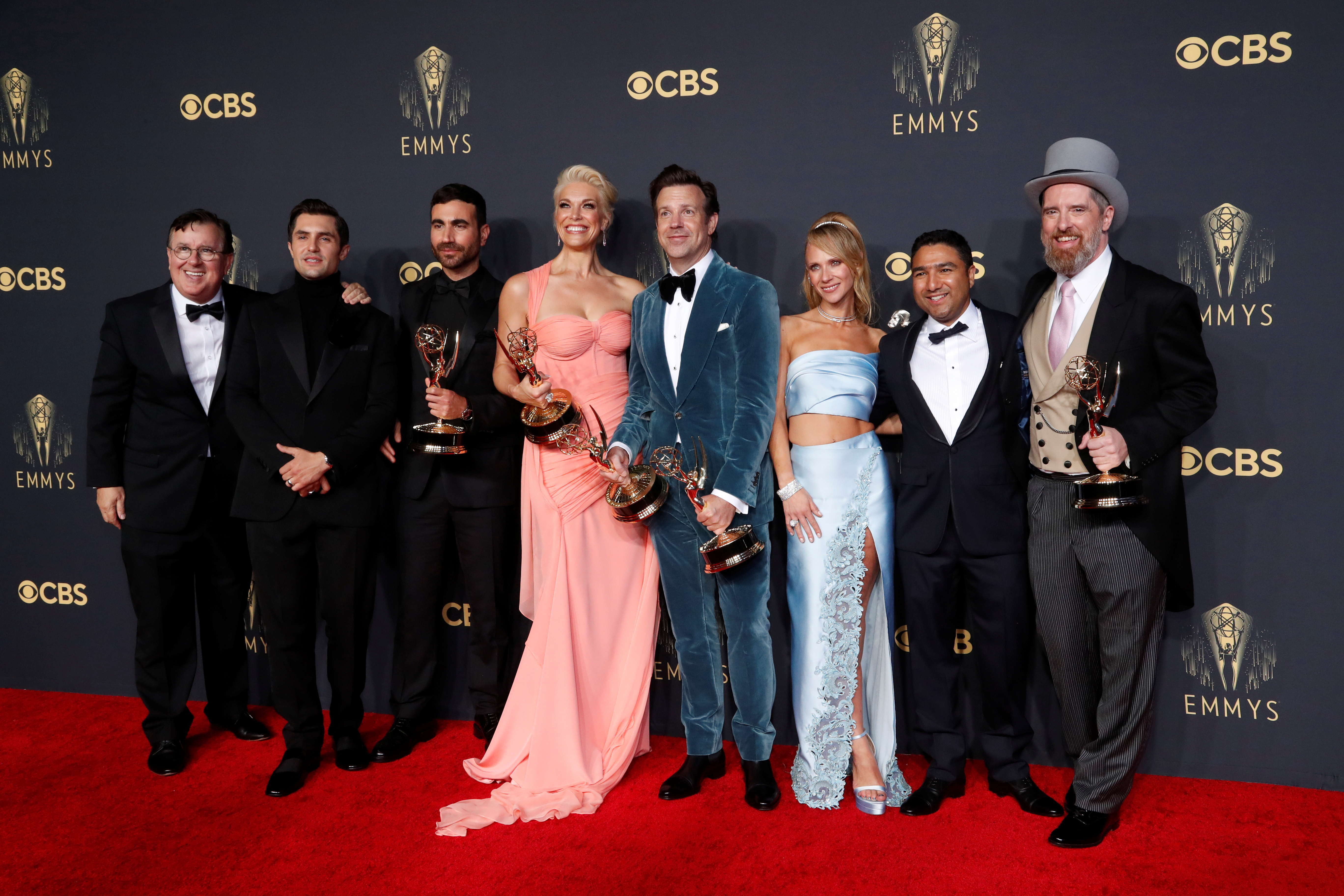 Actors Jeremy Swift, Phil Dunster, Brett Goldstein, Hannah Waddingham, Jason Sudeikis, Juno Temple, Nick Mohammed and Brendan Hunt, cast members of 