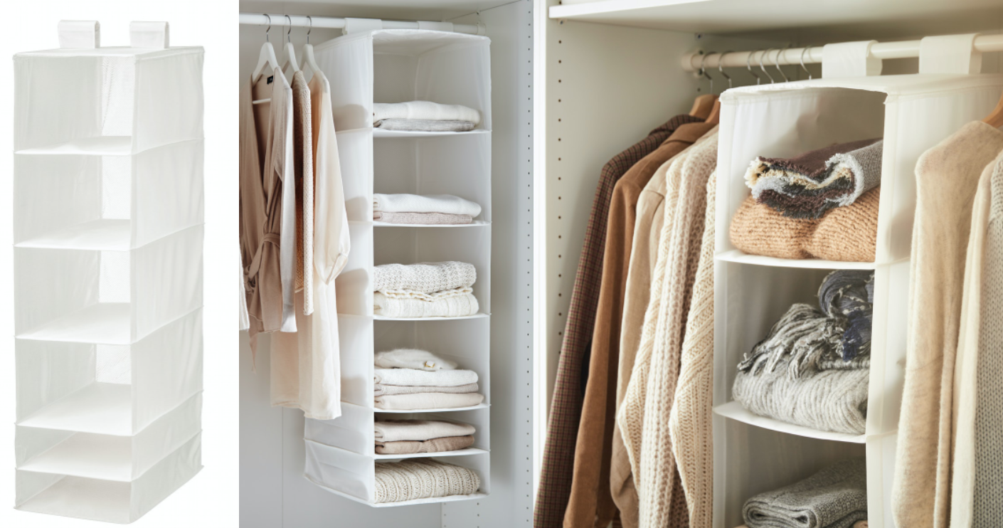 在家中衣櫃加上SKUBB掛袋，就能創造更多垂直收納空間，不論是衣物、包包或帽子等物品都能分層收納。附魔鬼氈，能輕易掛上、拆下及移動，增加使用彈性。不用時也能折疊收納，不佔空間。
