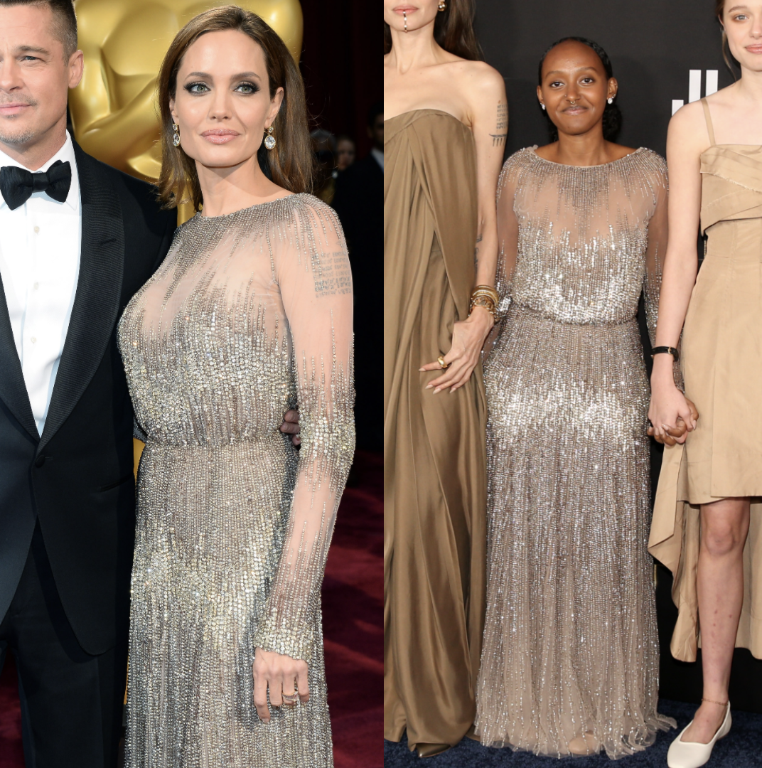 Angelina Jolie Attends LA Premiere of 'Eternals' With Her Kids, Wearing  Balmain Resort 2022 Brown Draped Corset and Pants Look + Zahara Jolie-Pitt  Rocks Mom's 2014 Oscars Dress by Elie Saab –