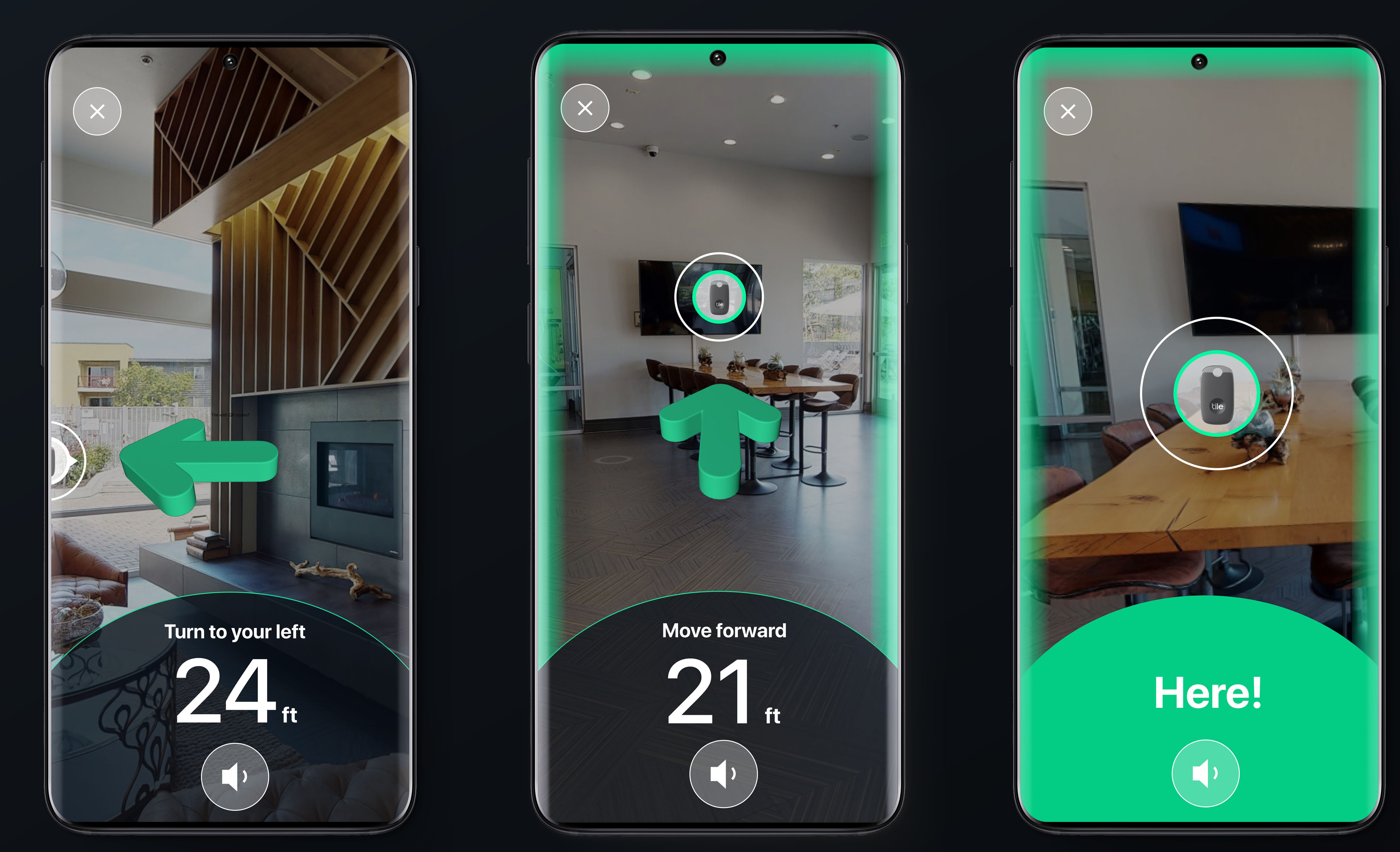 Tile Ultra&#39;s augmented reality experience for finding lost items. The screenshots offer visual indications of where to turn and move to in order to find the tracker.