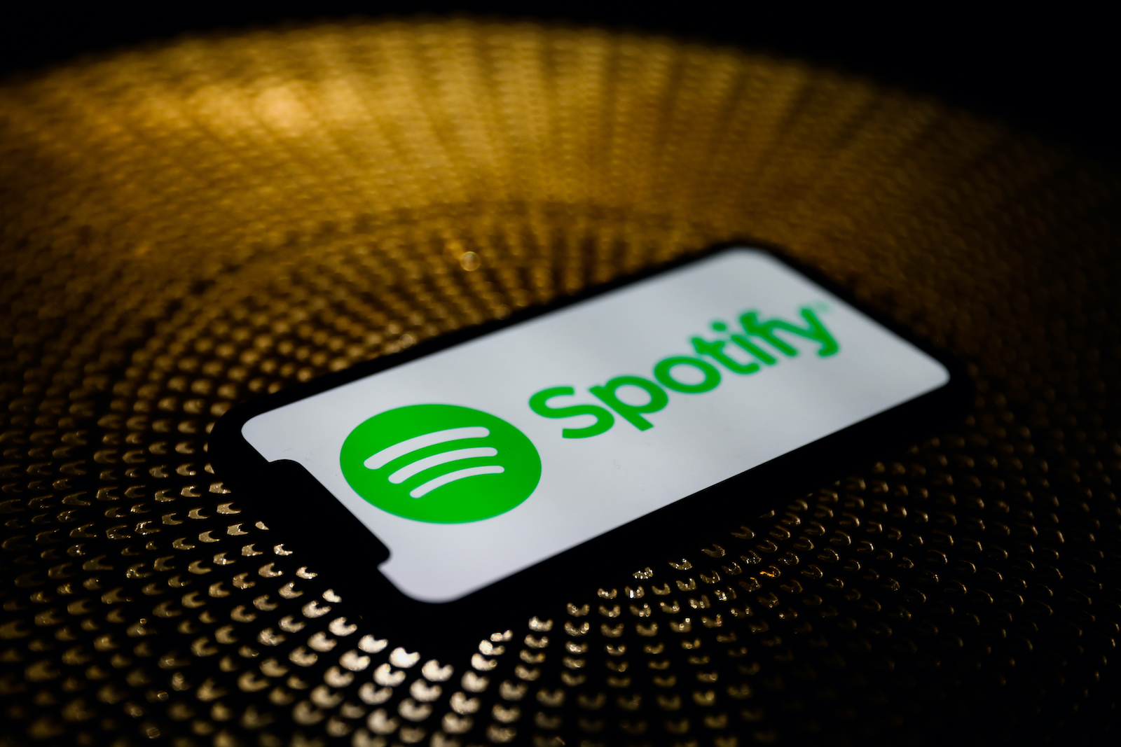 Spotify logo is seen displayed on a phone screen in this illustration photo taken in Poland on October 3, 2020. 
 (Photo Illustration by Jakub Porzycki/NurPhoto via Getty Images)
