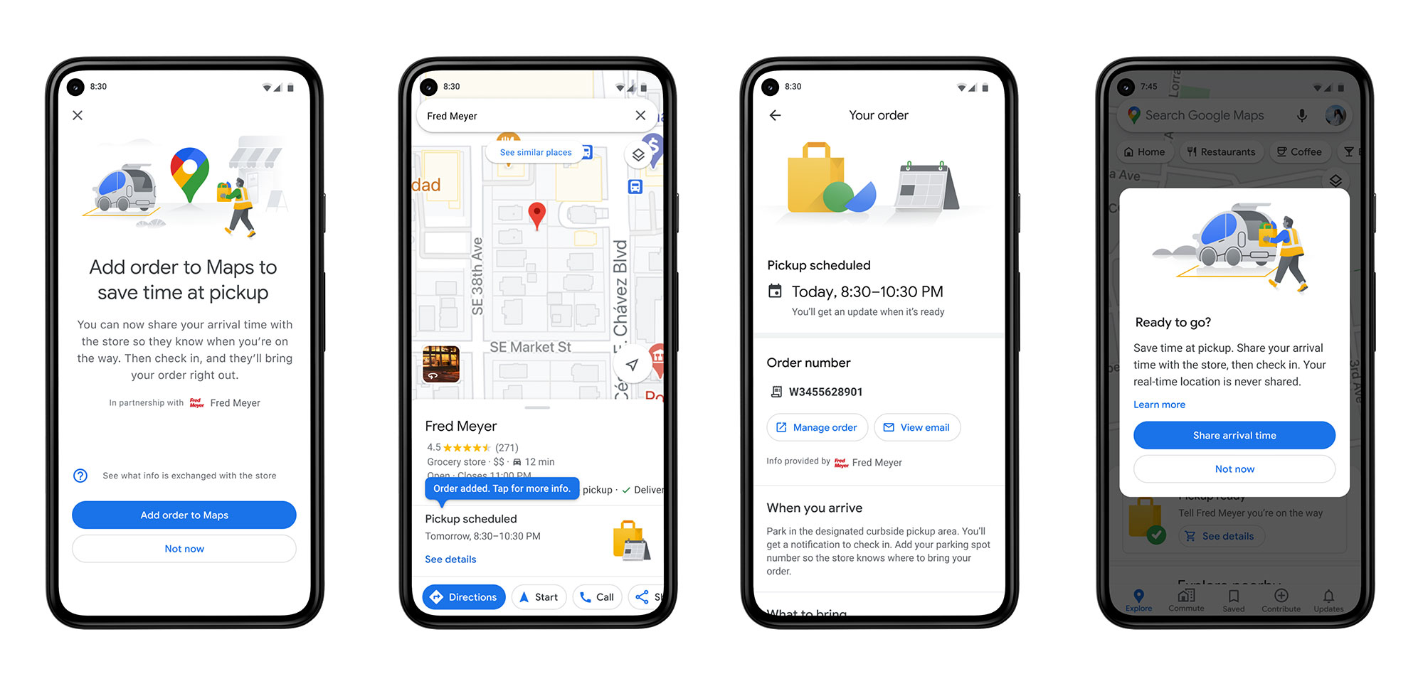 A composite of four phone screenshots showing the four steps on how the new Pickup with Google Maps works. 
