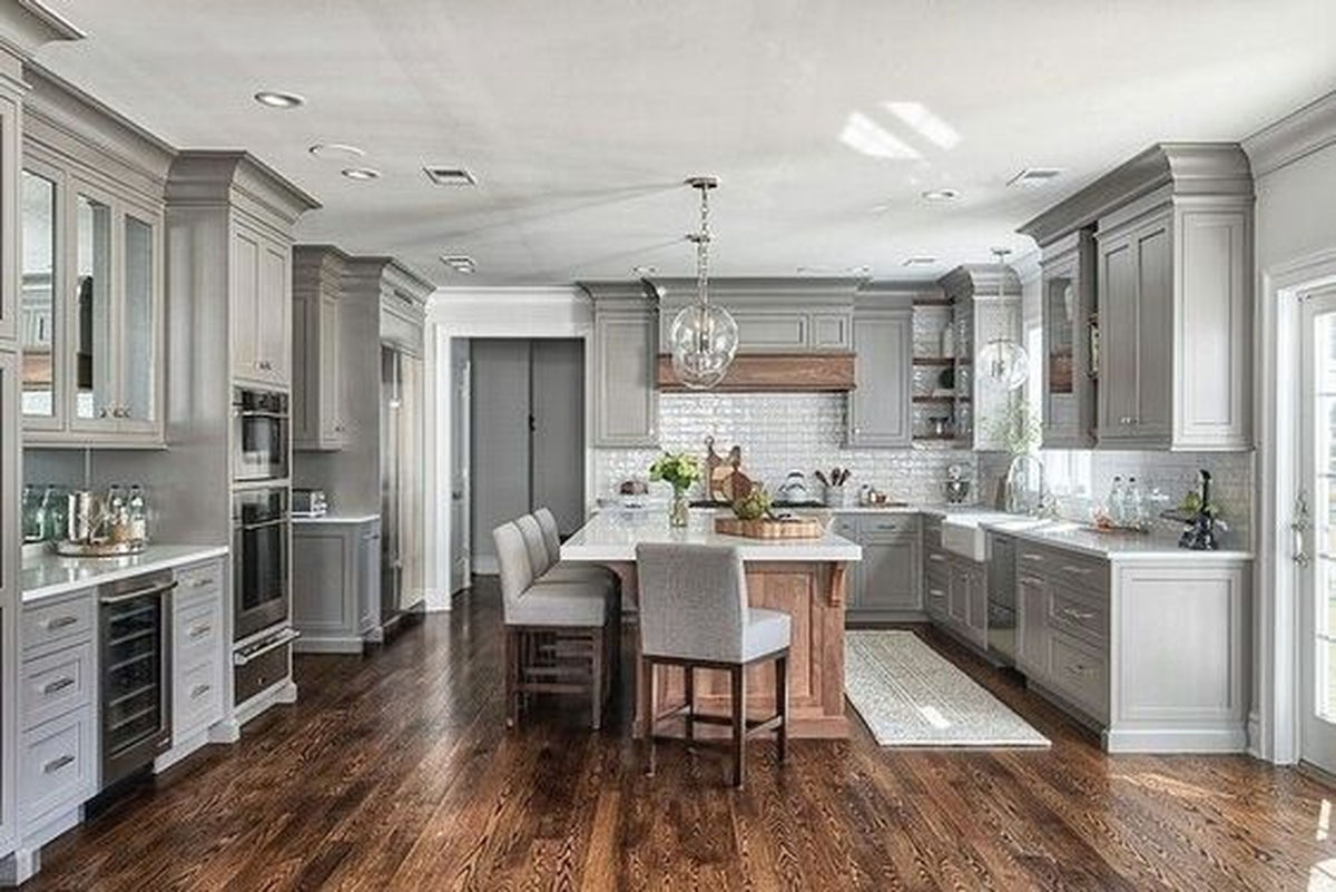 Grey walls dark brown cabinets