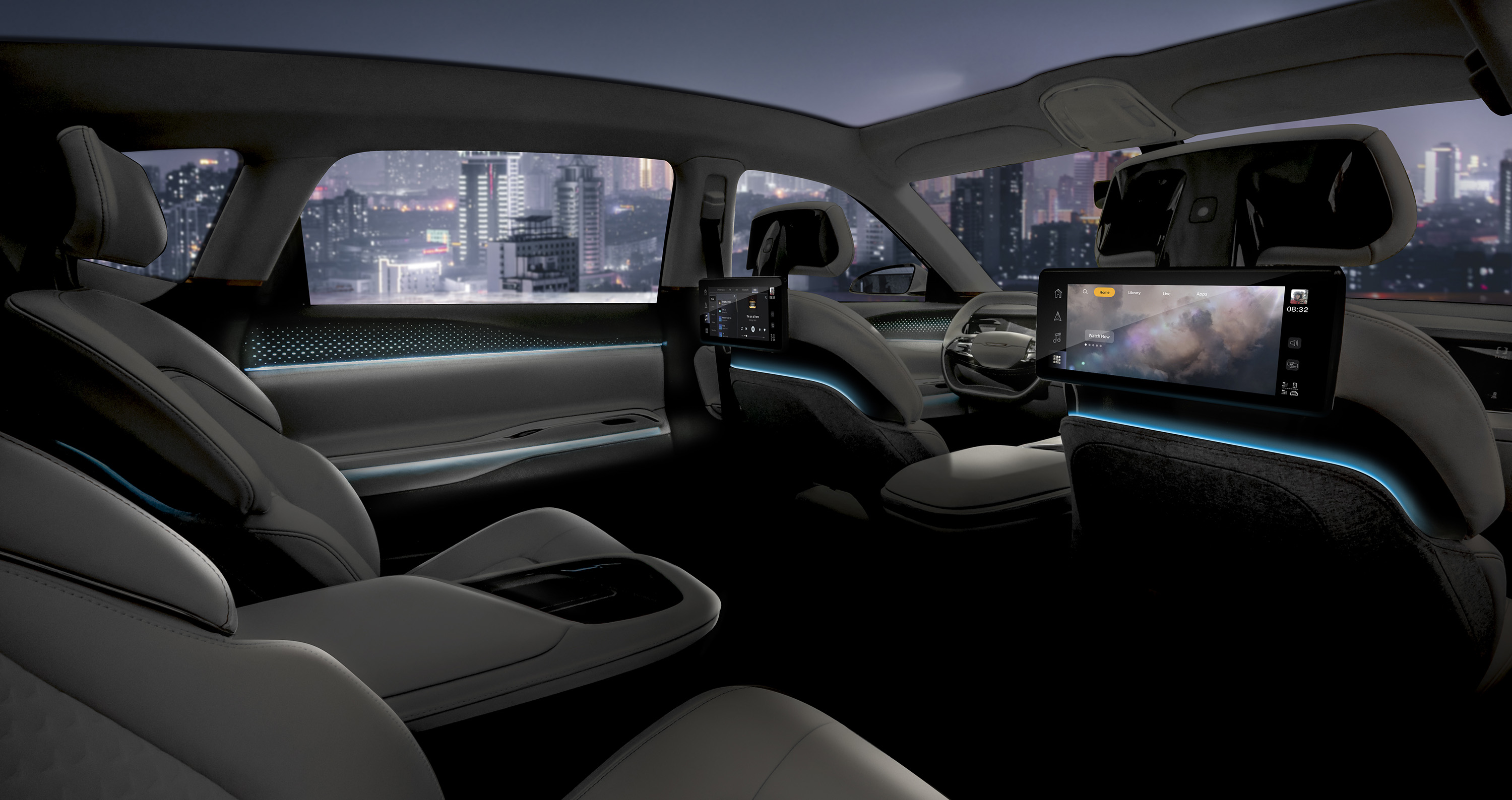 Ambient lighting in the Chrysler Airflow Concept reveals itself in direct lines, adding modernity, and syncs to the mood of the interior and changes based on the passengersâ€™ preferences and the content on the displays.