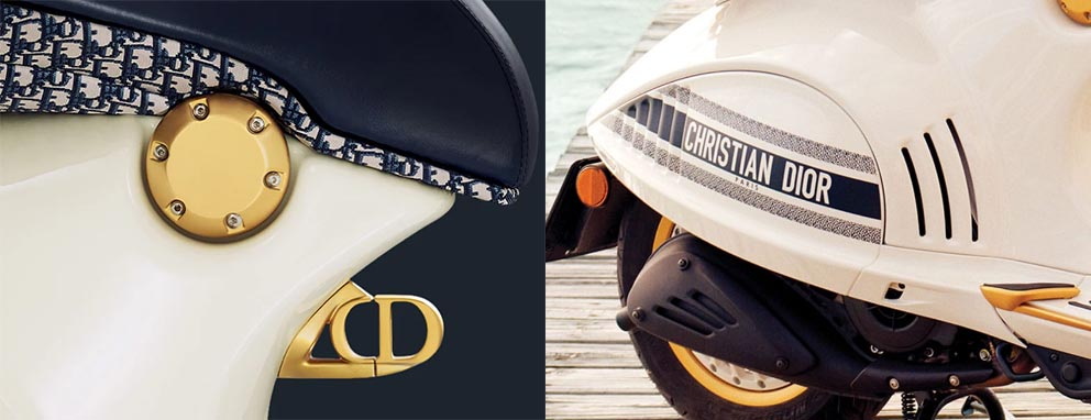 圖／Vespa 946 Christian Dior特仕版採用創新的懸掛式鞍座，覆蓋著Marc Bohan打造的經典Dior Oblique復古印花圖騰，車體側面還有專屬「Christian Dior」圖案。