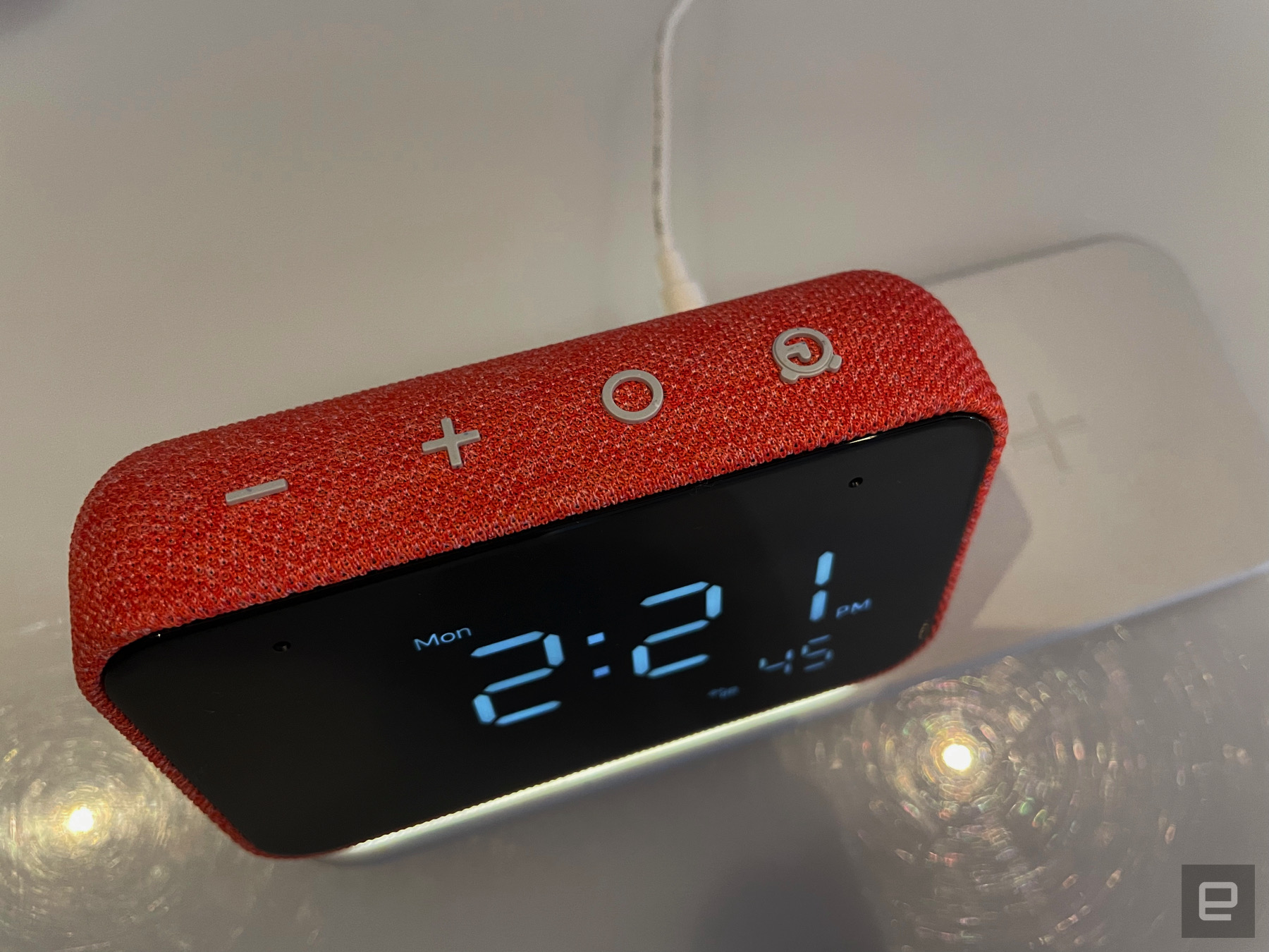 <p>A hands-on photo of the Lenovo Smart Clock Essential with Alexa, announced during CES 2022.</p>
