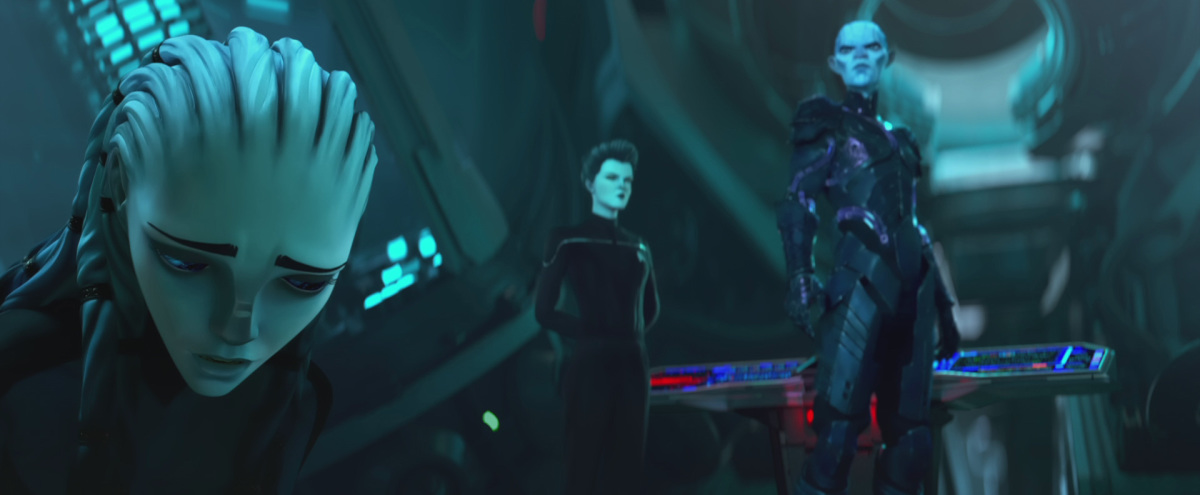 STAR TREK: PRODIGY: Ep#110 -- Ella Purnell as Gwyn, Kate Mulgrew as Janeway and John Noble as The Diviner in STAR TREK: PRODIGY streaming on Paramount+. Photo: Nickelodeon/Paramount+Â©2022 VIACOM INTERNATIONAL. All Rights Reserved.