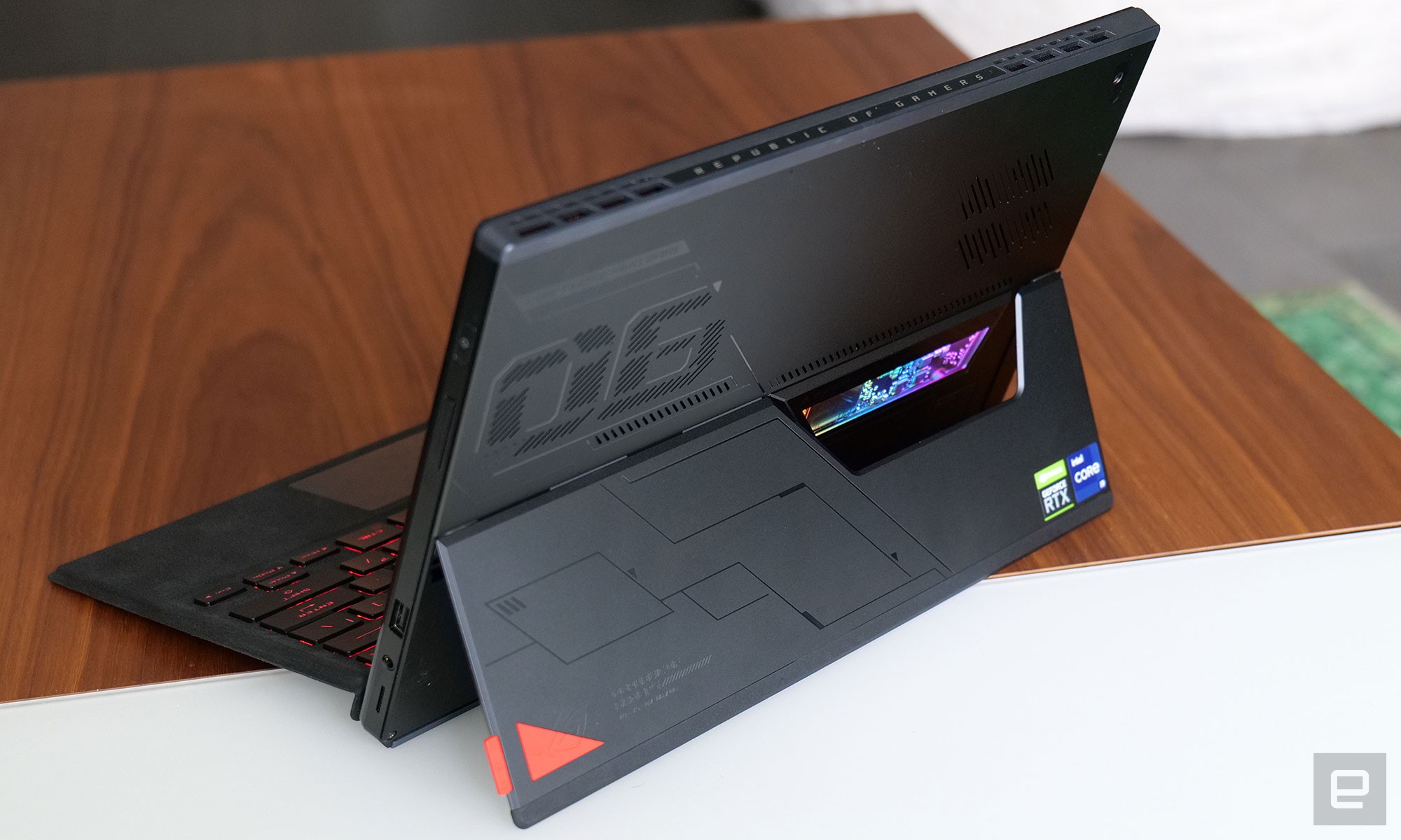 Similar to a Surface Pro, the Asus ROG Flow Z13 features a built-in kickstand and a detachable keyboard. 