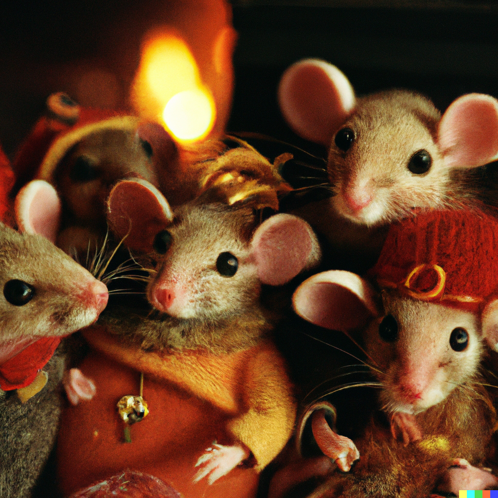 macro 35mm film photography of a large family of mice wearing hats cozy by the fireplace