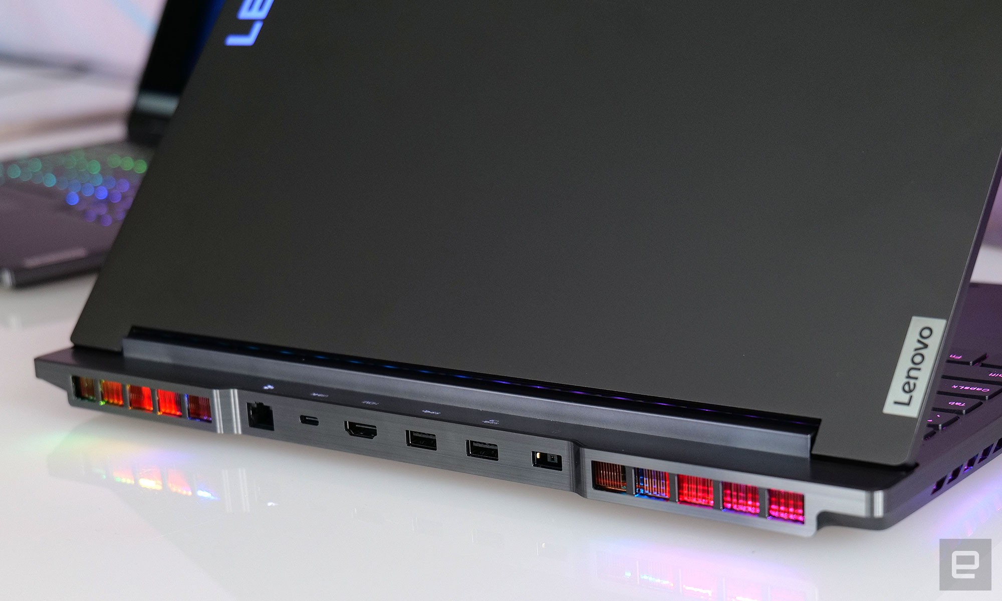 On top of RGB lighting on its lid and keyboard, the Legion 7 also features color LEDs in its vents. 