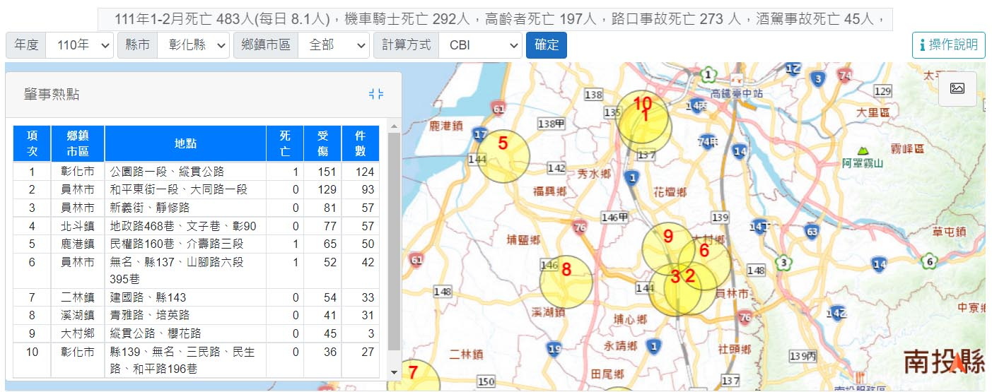 圖／2021年彰化縣肇事熱點（圖片來源：道安資訊查詢網）