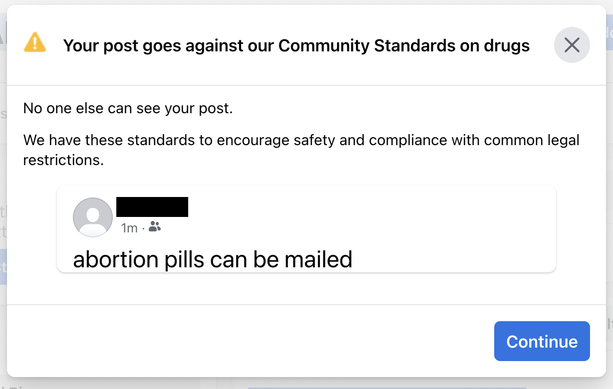 Facebook is blocking posts about the mailing of abortion pills