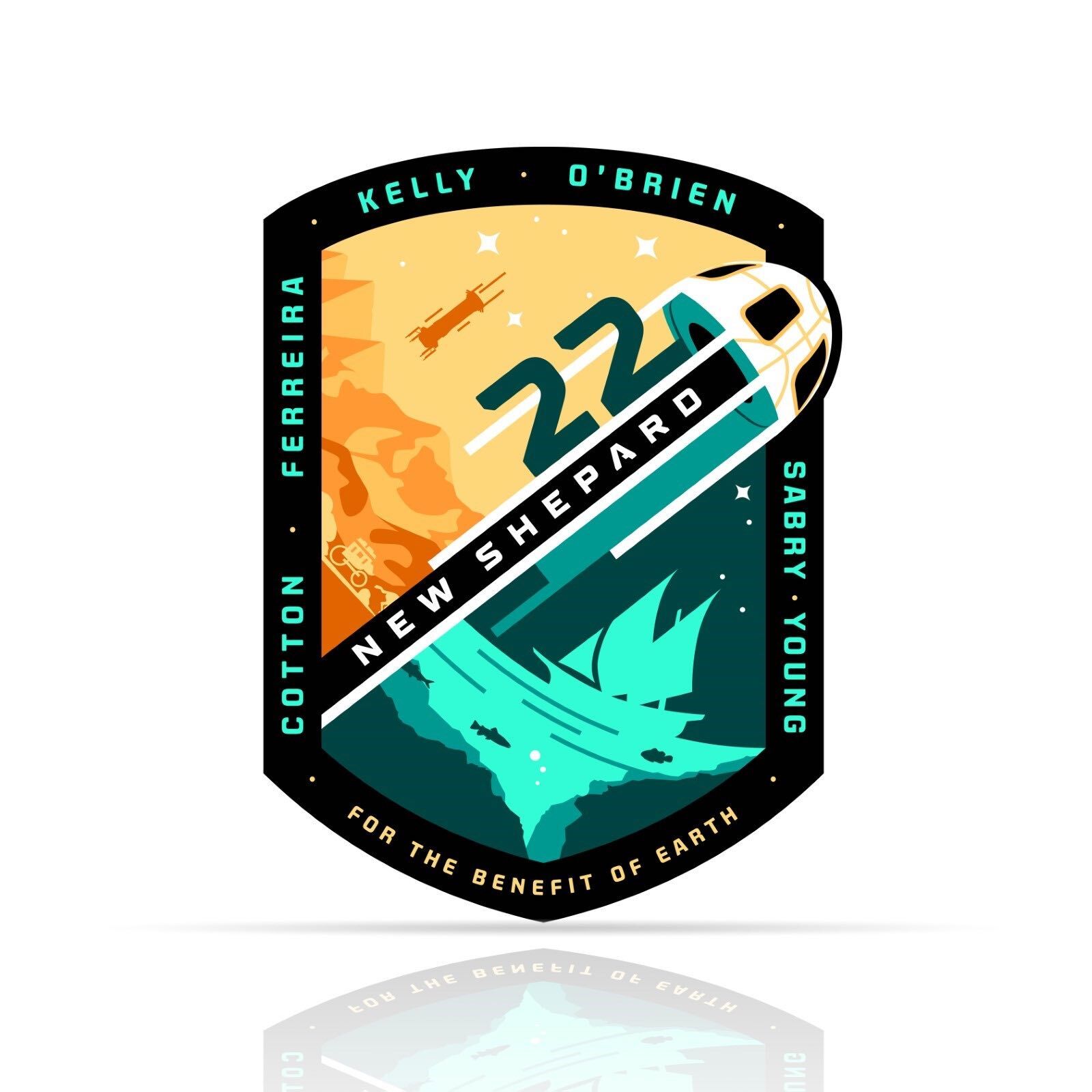 The mission patch for New Shepard's NS-22 mission. It features symbols including: The Pyramids of Egypt represent Sara Sabry’s heritage and celebrate her accomplishment as the country’s first astronaut. The Mariana Trench represents Vanessa O’Brien’s feat in reaching Challenger Deep, Earth’s deepest point. The crew capsule is depicted as a basketball, symbolizing Dude Perfect’s trick shots and Coby Cotton’s role in co-founding the company. Magellan’s ship represents Mário Ferreira’s Portuguese heritage and lifelong passion for adventure. The fish swimming below Magellan’s ship symbolize Steve Young’s passion for fishing. The stagecoach represents Clint Kelly III’s aspirations for humanity’s reach into the new frontier of space. New Shepard’s booster and the West Texas mountains are also represented in the patch.