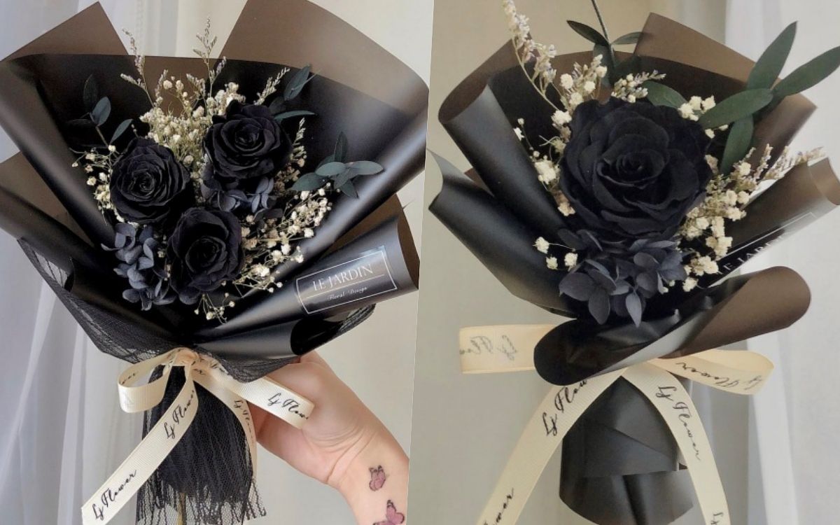 像這樣一束時尚簡約的黑色花束，不需要太多朵黑玫瑰，一枝獨秀更突顯獨一無二喔！