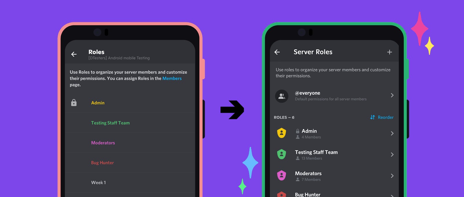 Comparison screenshot showing Discord's new Android interface. The new UI more broadly aligns with its iOS counterpart thanks to Discord's move to React Native. 