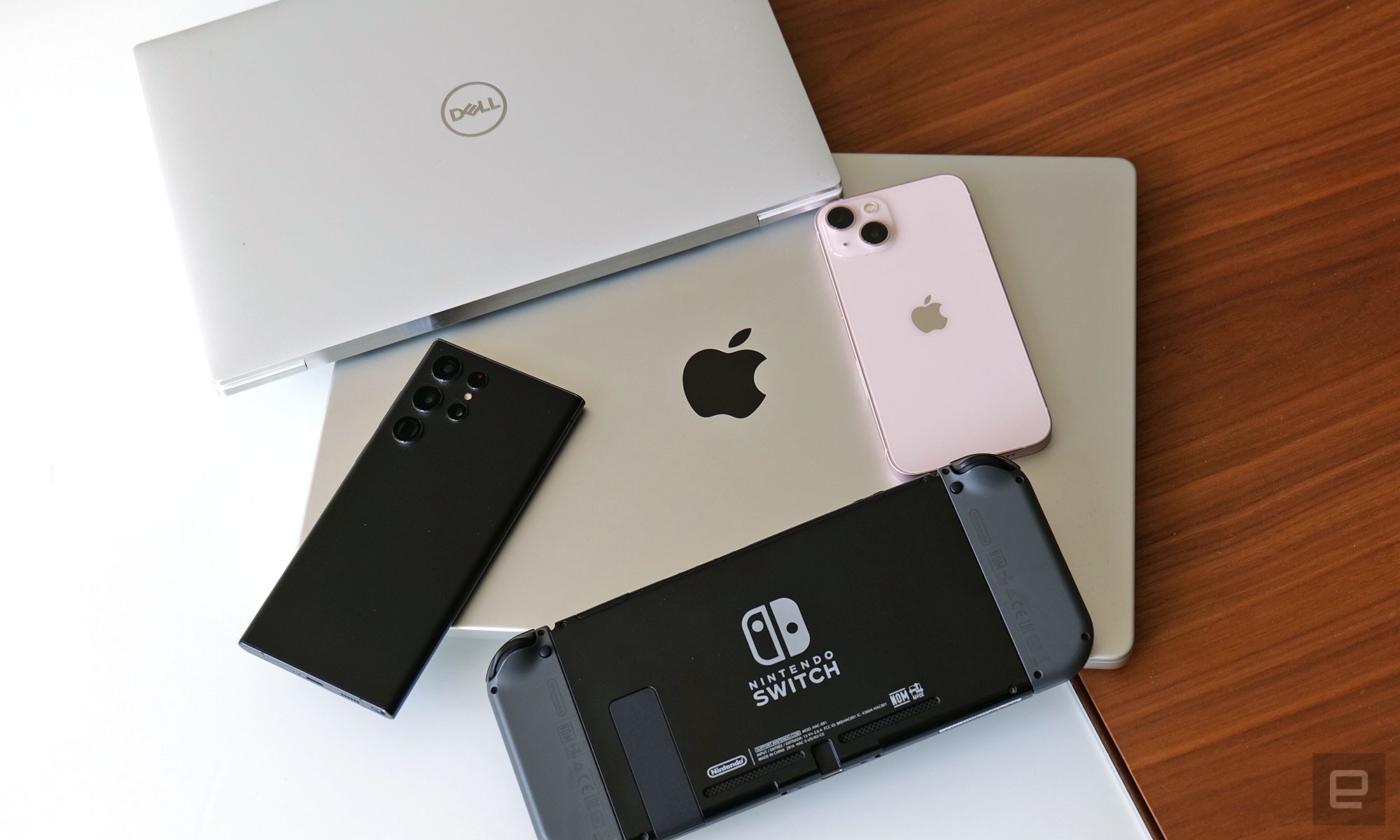 The five devices we used to test the chargers are the iPhone 13, a Galaxy S22 Ultra, a Nintendo Switch (a launch model from 2017), a 2021 Dell XPS 13 and a 16-inch M1 Max MacBook Pro." data-uuid="5a616a09-c988-33b8-9bd3-ff821bc23fef