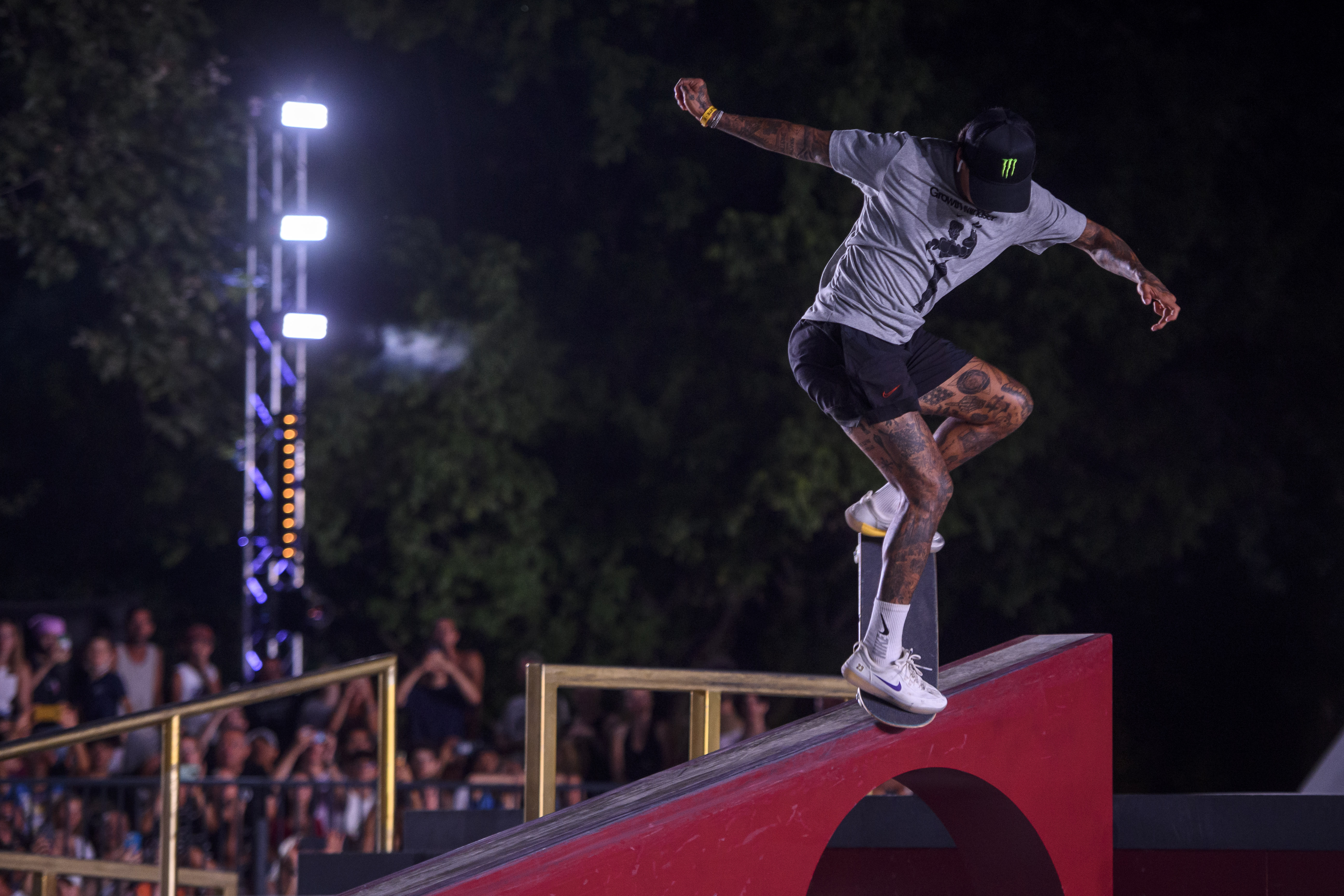 ROME, ITALY - JULY 03: Nyjah Huston of the USA in action during the men's Final of the World Street Skateboarding Rome 2022 at Colle Oppio park, on July 3, 2022 in Rome, Italy. (Photo by Antonio Masiello/Getty Images)