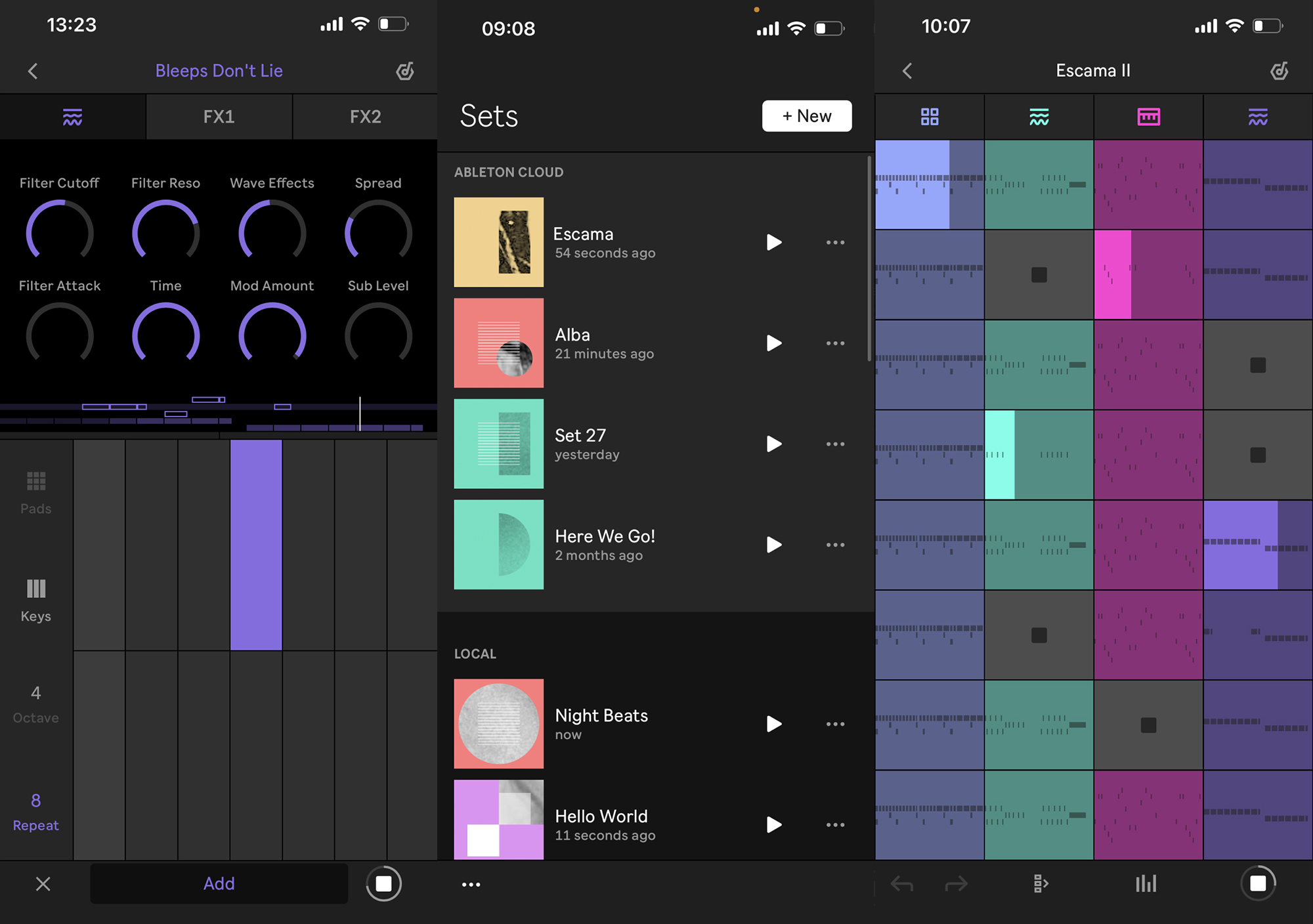 Three screen shots from the new 'Note' mobile app from Ableton
