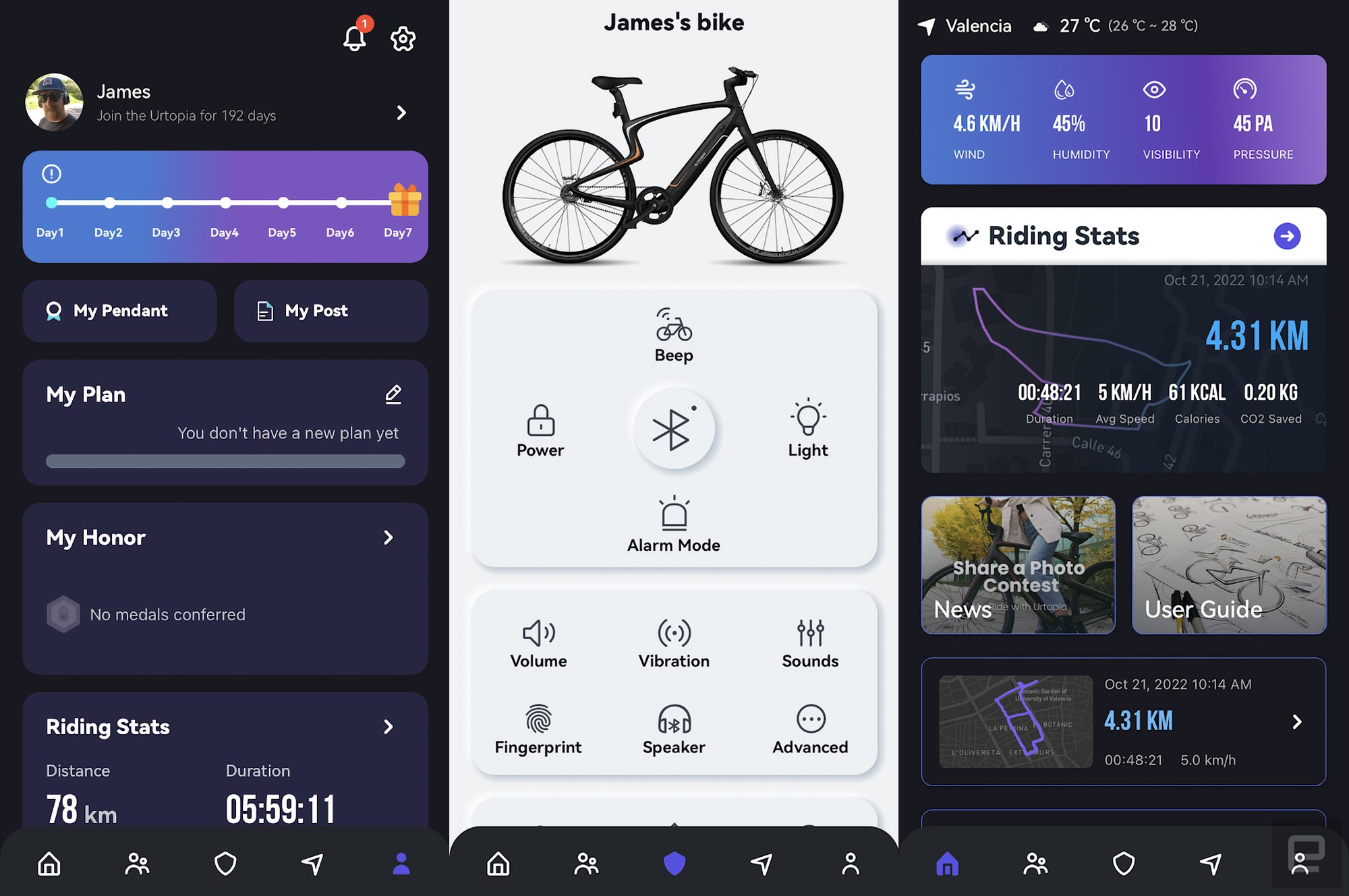 Screenshots of the Urtopia ebike app