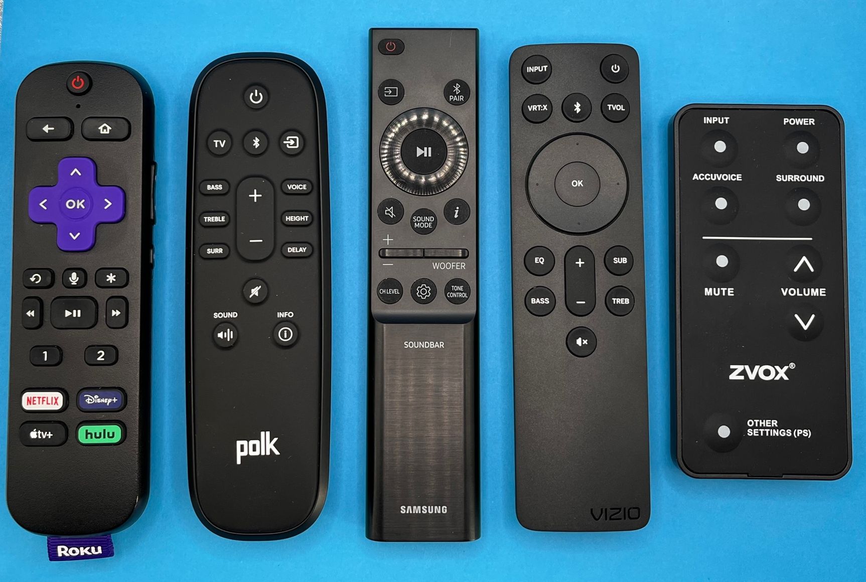 Remotes from Roku, Polk, Samsung, Vizio and Zvox.