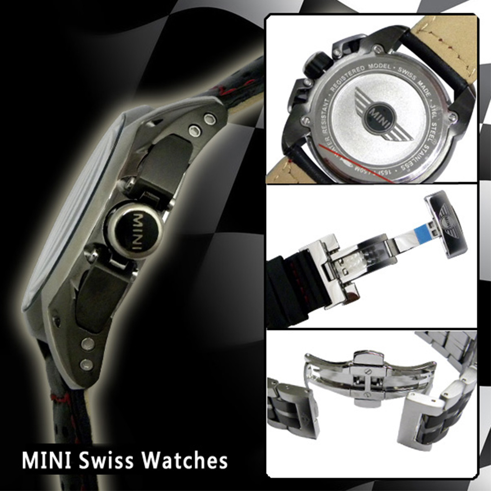 ▲MINI Swiss Watches 旗幟飄飄賽車錶MINI-49ES，不鏽鋼錶帶採用蝴蝶釦。（圖片來源：Yahoo購物中心）