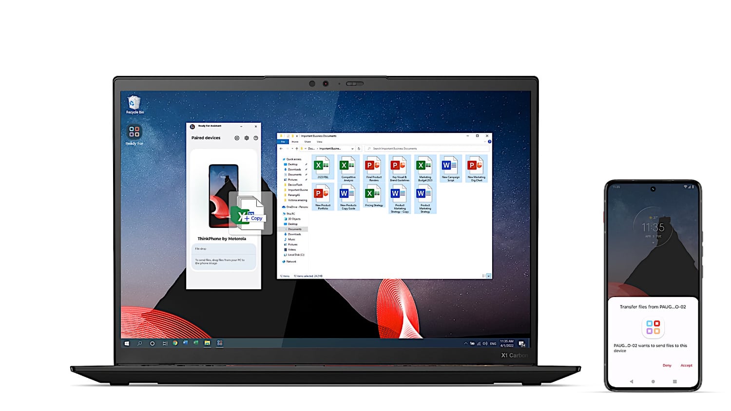 Press image of a Lenovo ThinkPad portable PC (left) next to the new Lenovo ThinkPhone