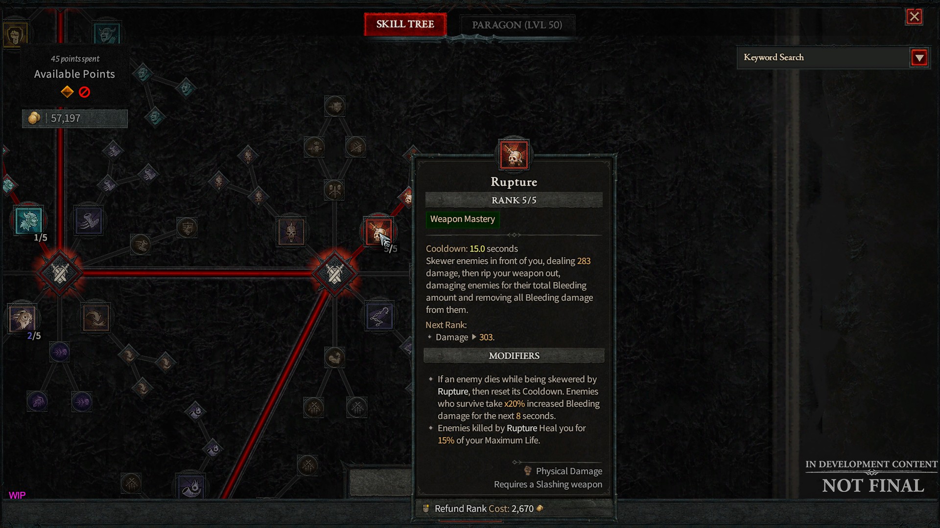 A screenshot of the barbarian's skill tree, highlighting the rupture skill. 