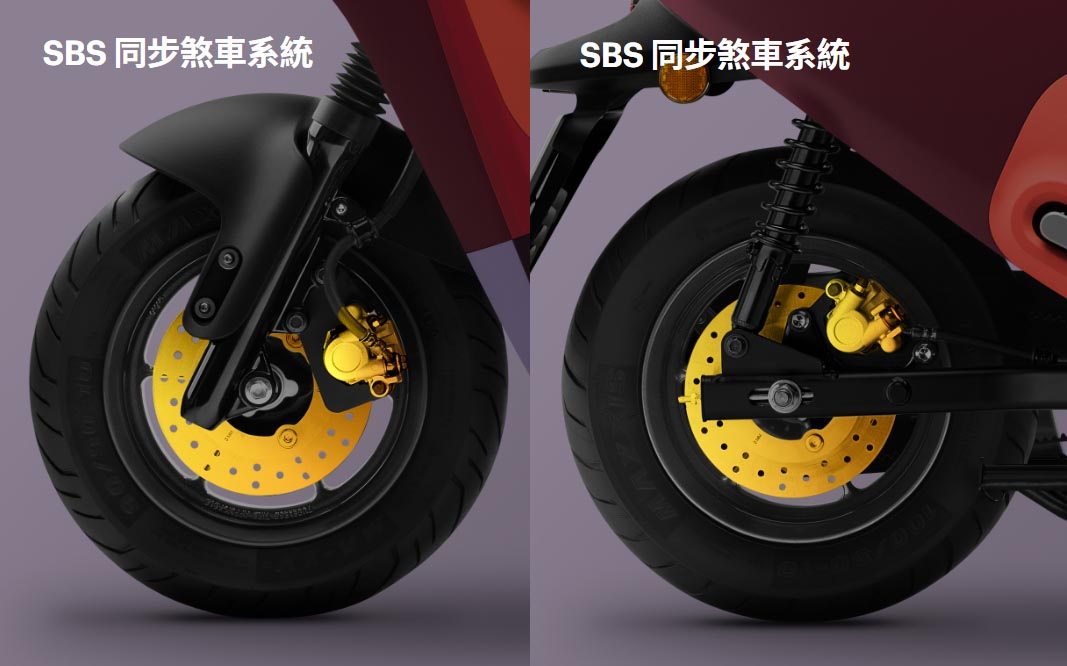 圖／2022 Gogoro Viva Mix Basic搭載SBS同步煞車系統，搭配前/後碟式煞車，能有效穩定車身並縮短煞車距離。