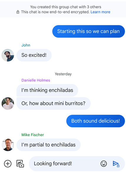 Screenshot of a Google Messages group chat with end-to-end-encryption enabled.