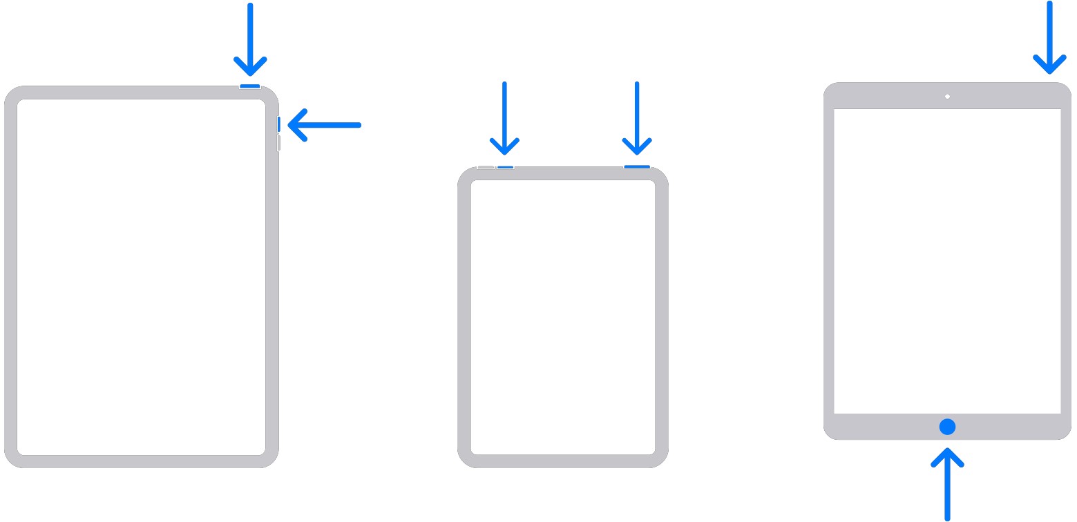 A series of photos displaying how to take a screenshot on various iPad models." data-uuid="d3ba0c03-9e0c-3bfb-82b0-6a3441feb89f