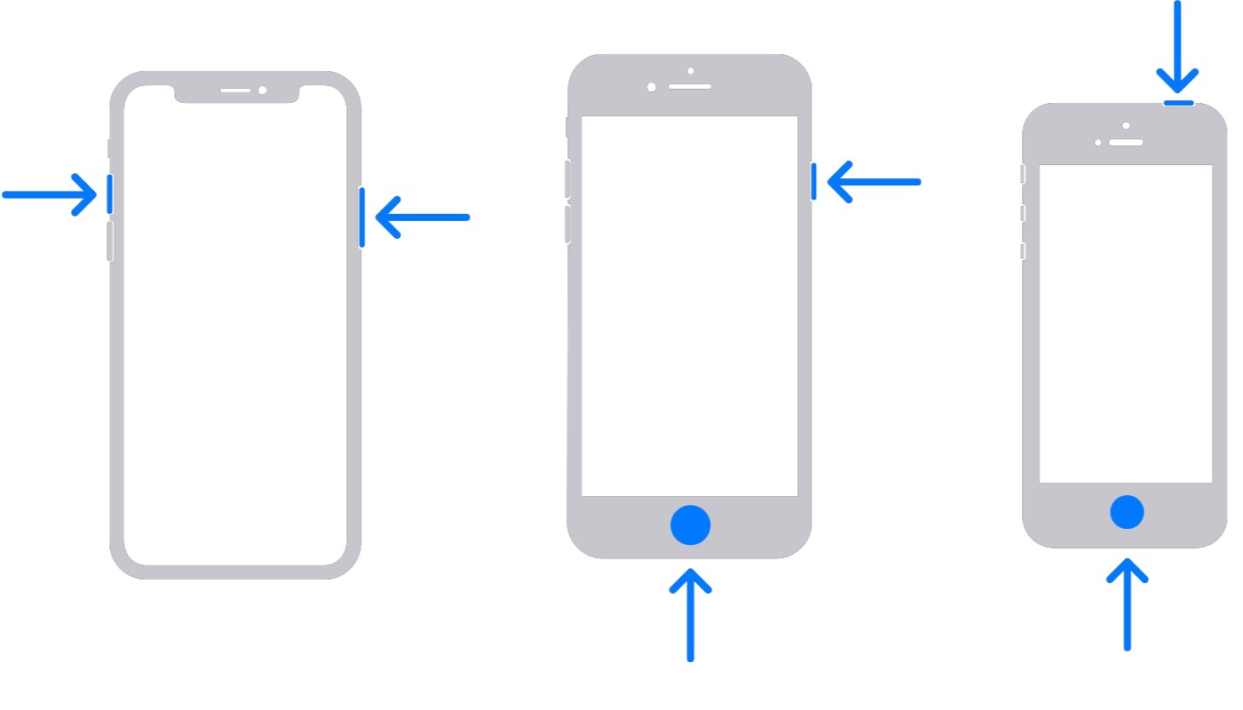 A series of images describing how to take a screenshot on various types of iPhone models.