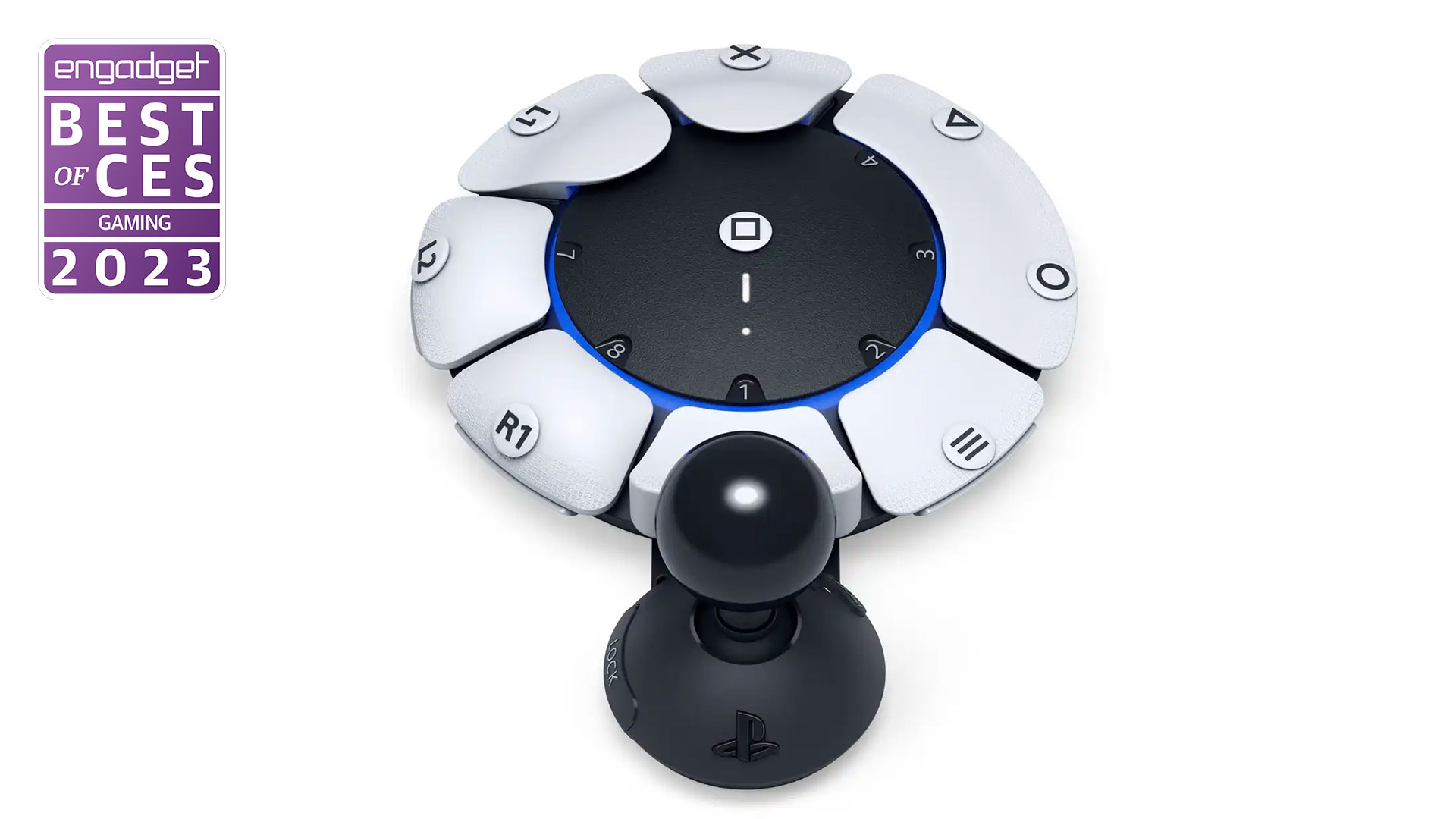 The round accessibility game controller Project Leonardo for PS5 against a white background." data-uuid="1556e980-3eda-3427-94ab-a7976231f9bc