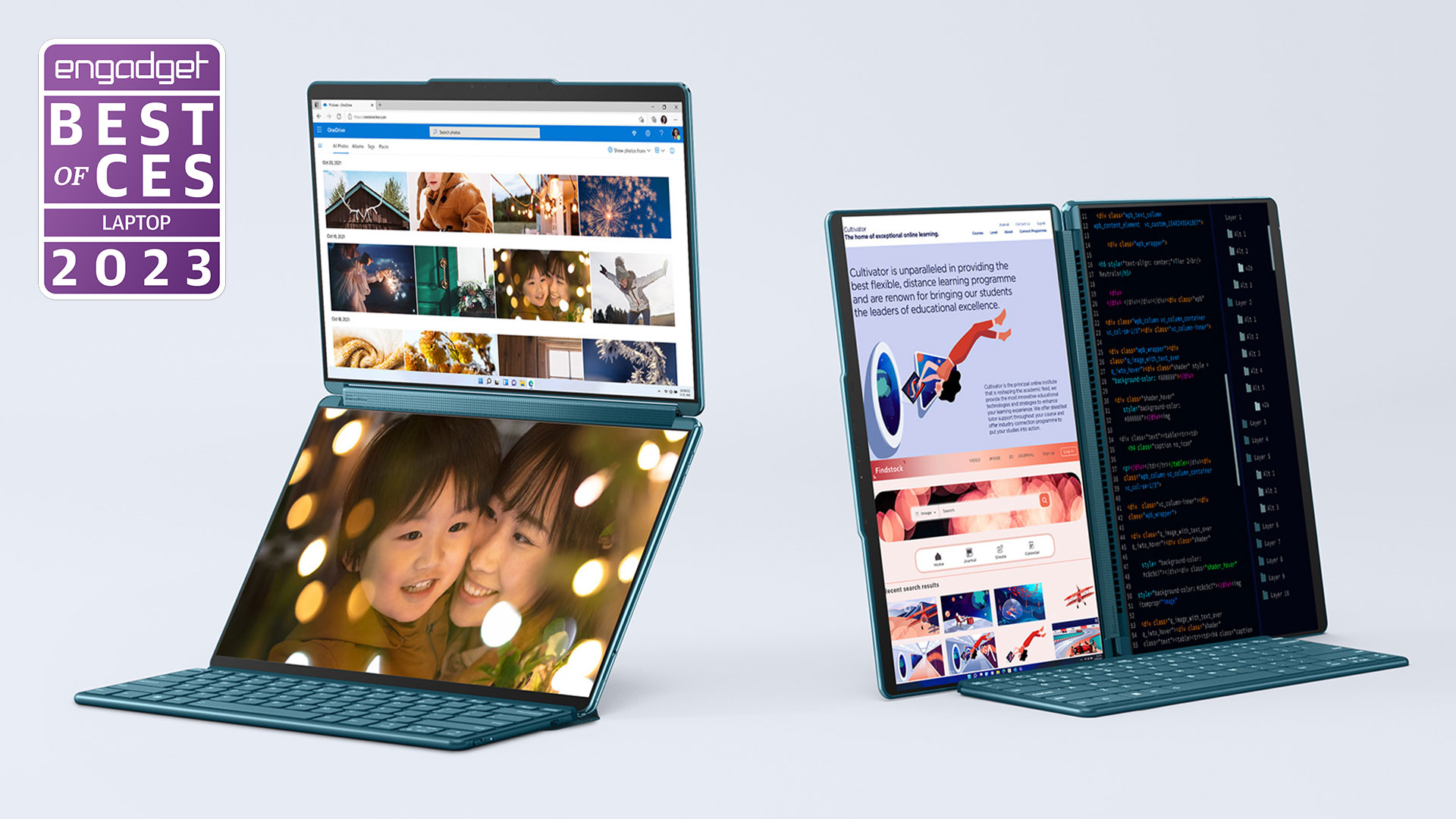 Two of the Lenovo YogaBook 9i dual-screen laptop/tablet hydrid sit open in a light grey void, one with the screens stacked vertically and the other with them side-by-side." data-uuid="5e82635c-12f2-3147-8a34-db384ab3380f