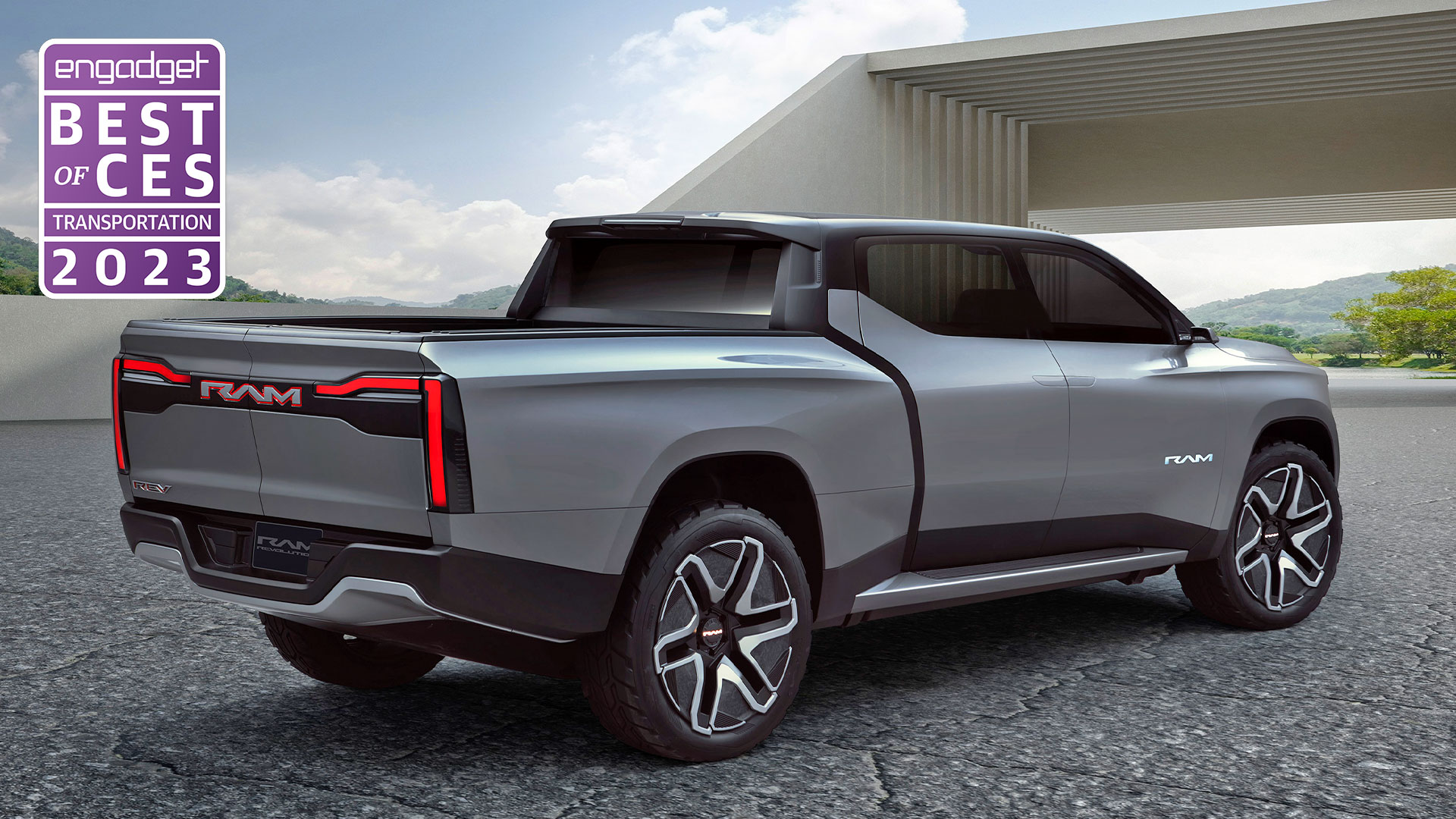 A rendering of a grey Stellantis Ram 1500 BEV Concept is seen parked on a roadway." data-uuid="f21eb944-4b44-388e-8a65-df395f2f292c