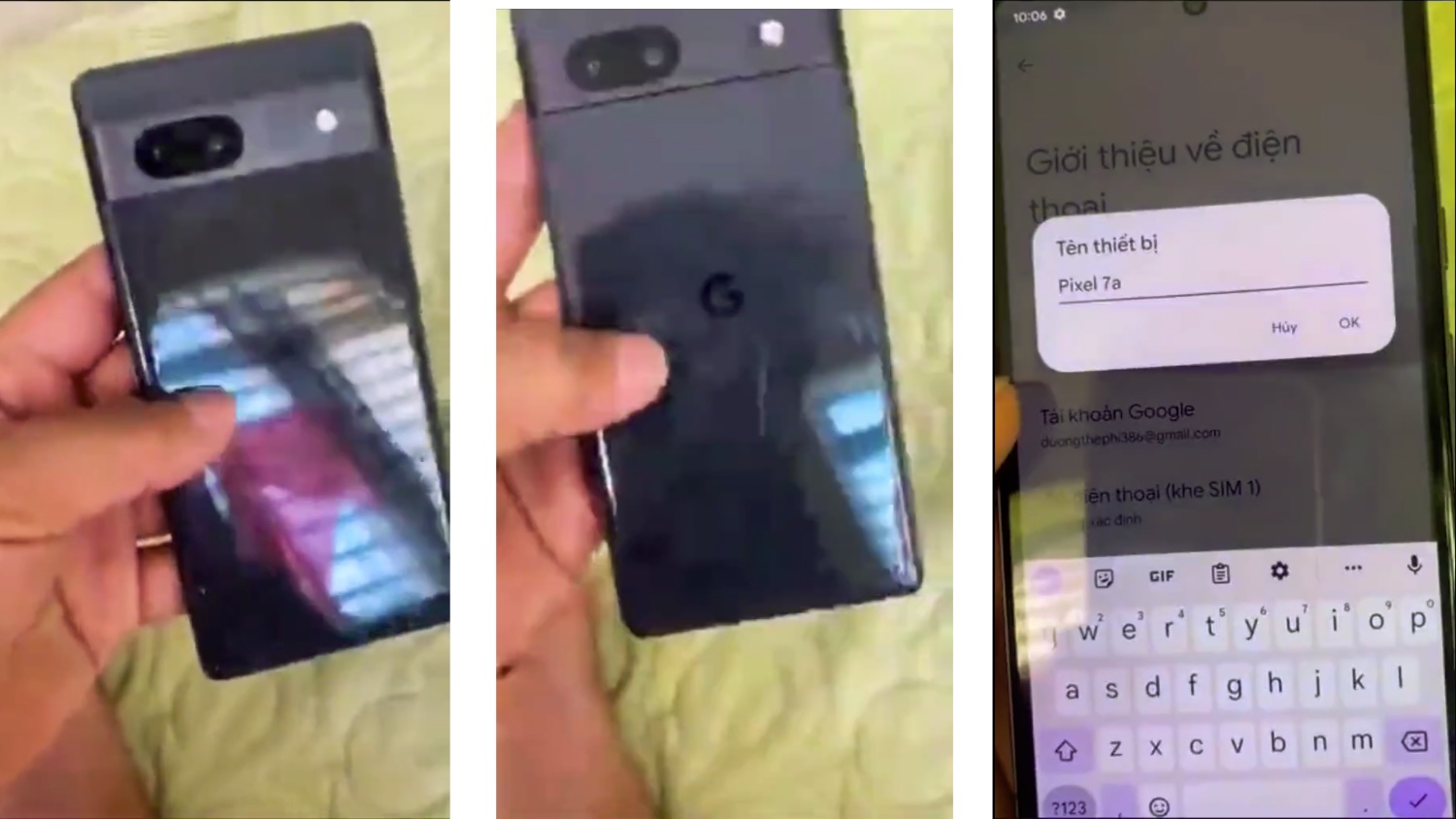 Collage di tre immagini che mostrano un utente con in mano un presunto telefono di pre-produzione di Google Pixel 7a.